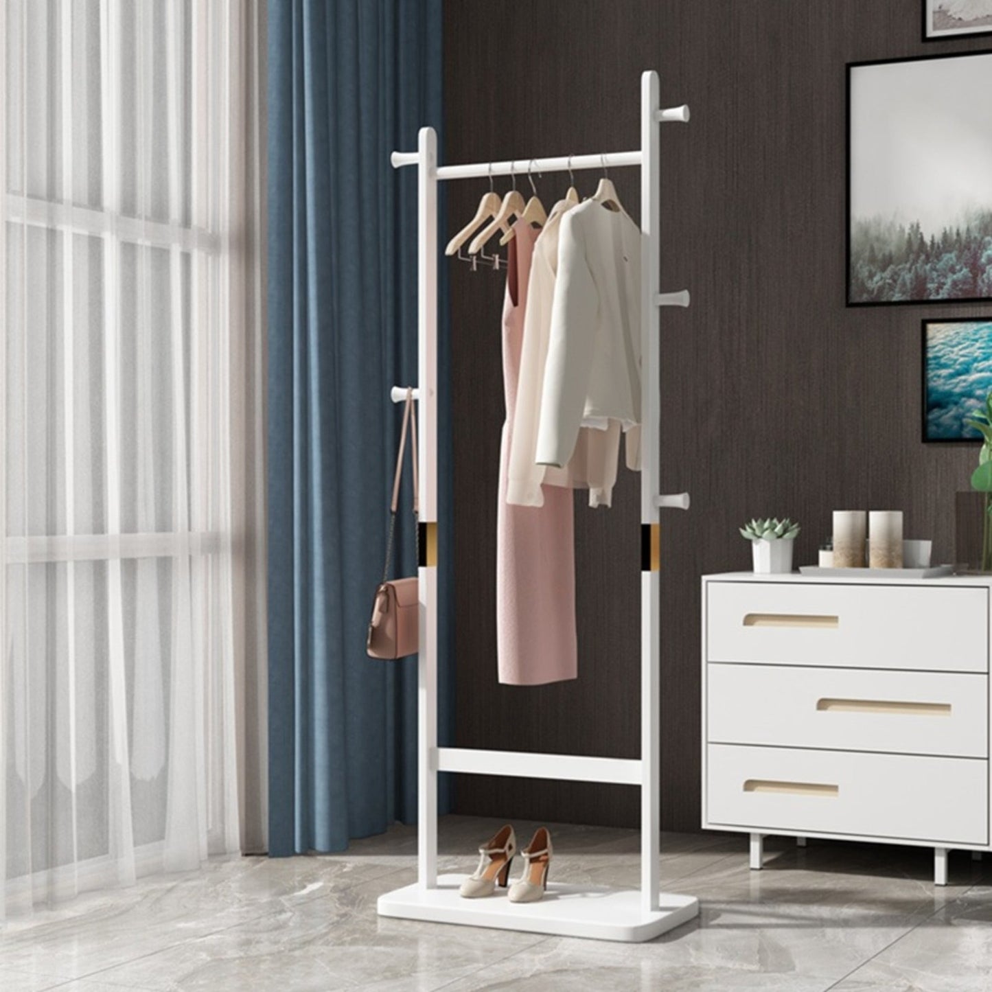 Noble House 71" Solid Rubber Wood Coat Rack, Freestanding Garment Hanger, Space-Saving Entryway Stand, White