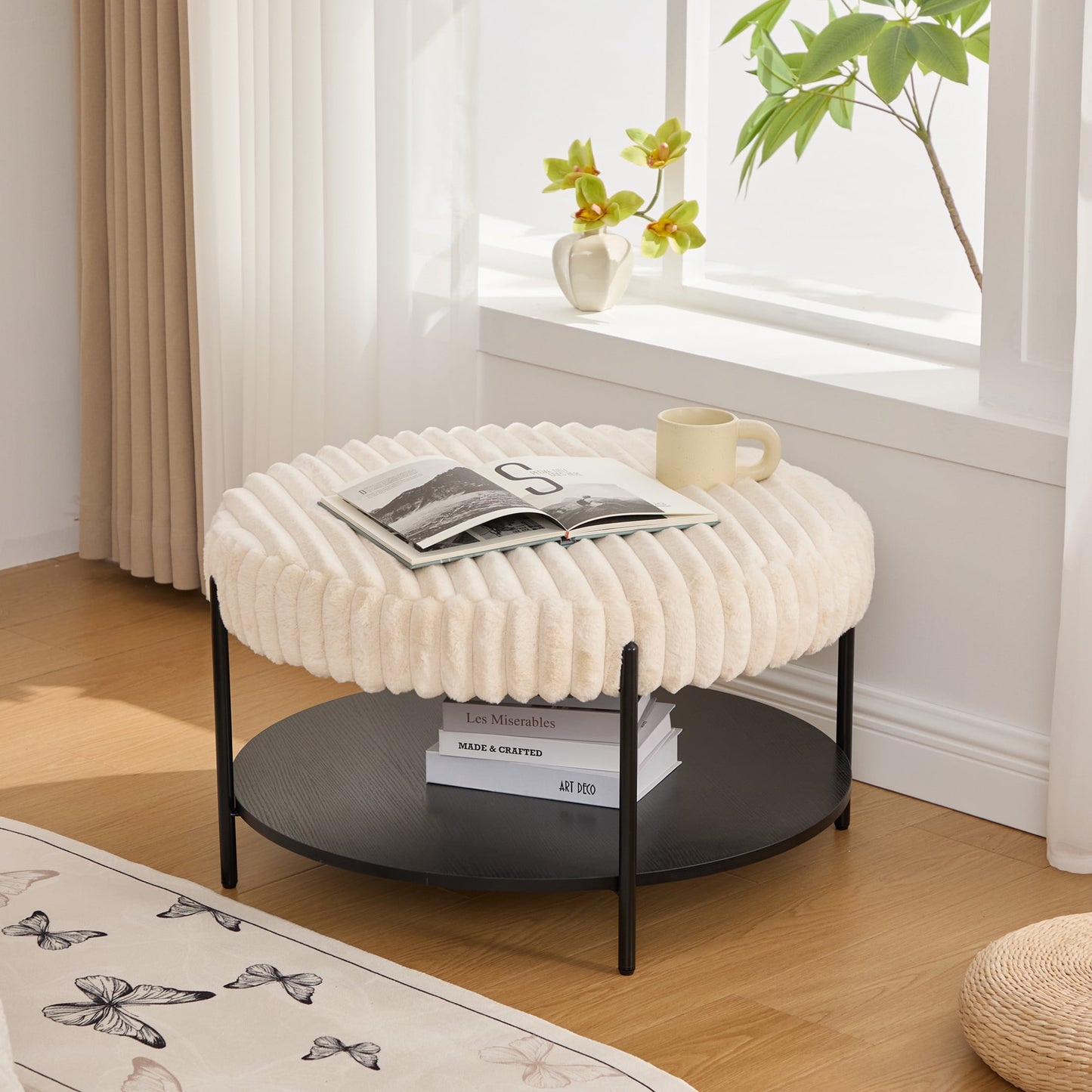 Noble House Camlyn 30.9" Faux Fur Round Ottoman Coffee Table, Footrest with Black Metal Legs & Storage Shelf, Beige