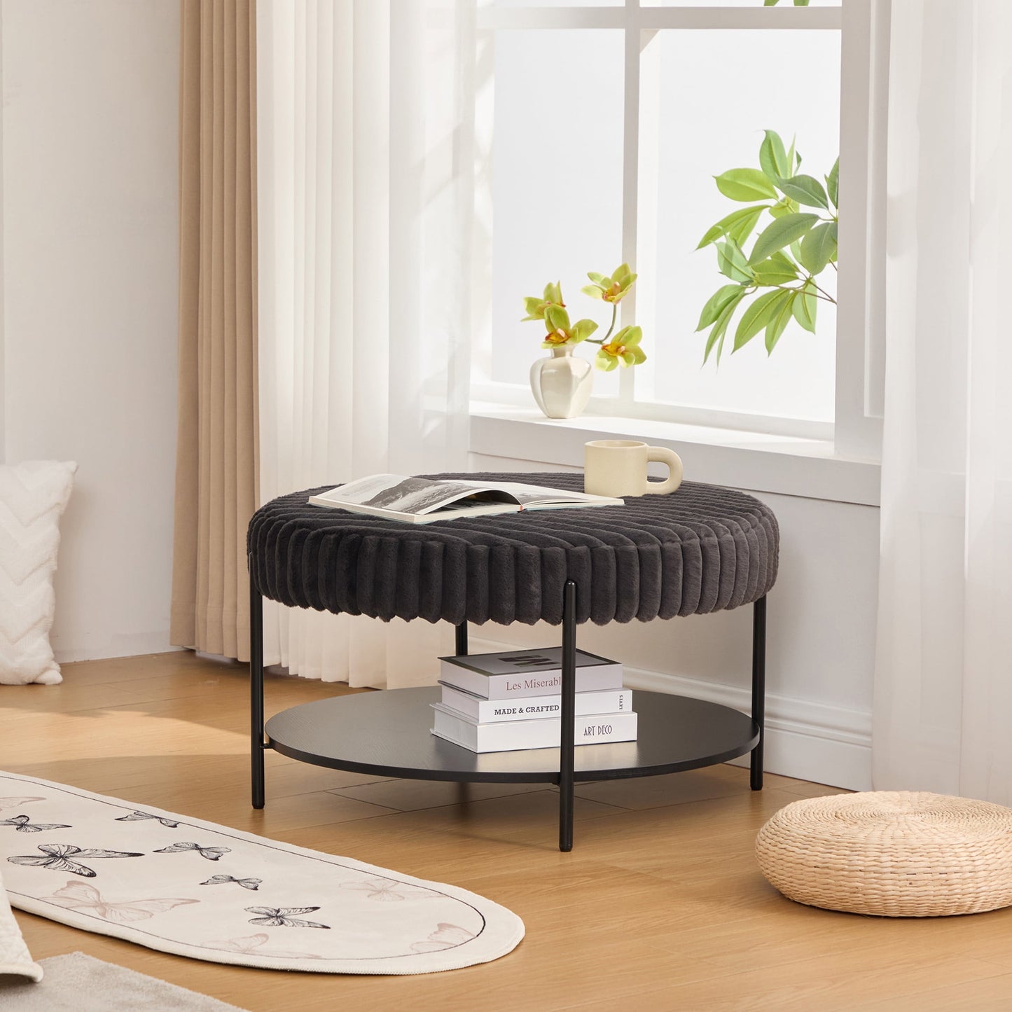 Noble House Camlyn 30.9" Faux Fur Round Ottoman Coffee Table, Footrest with Black Metal Legs & Storage Shelf, Charcoal