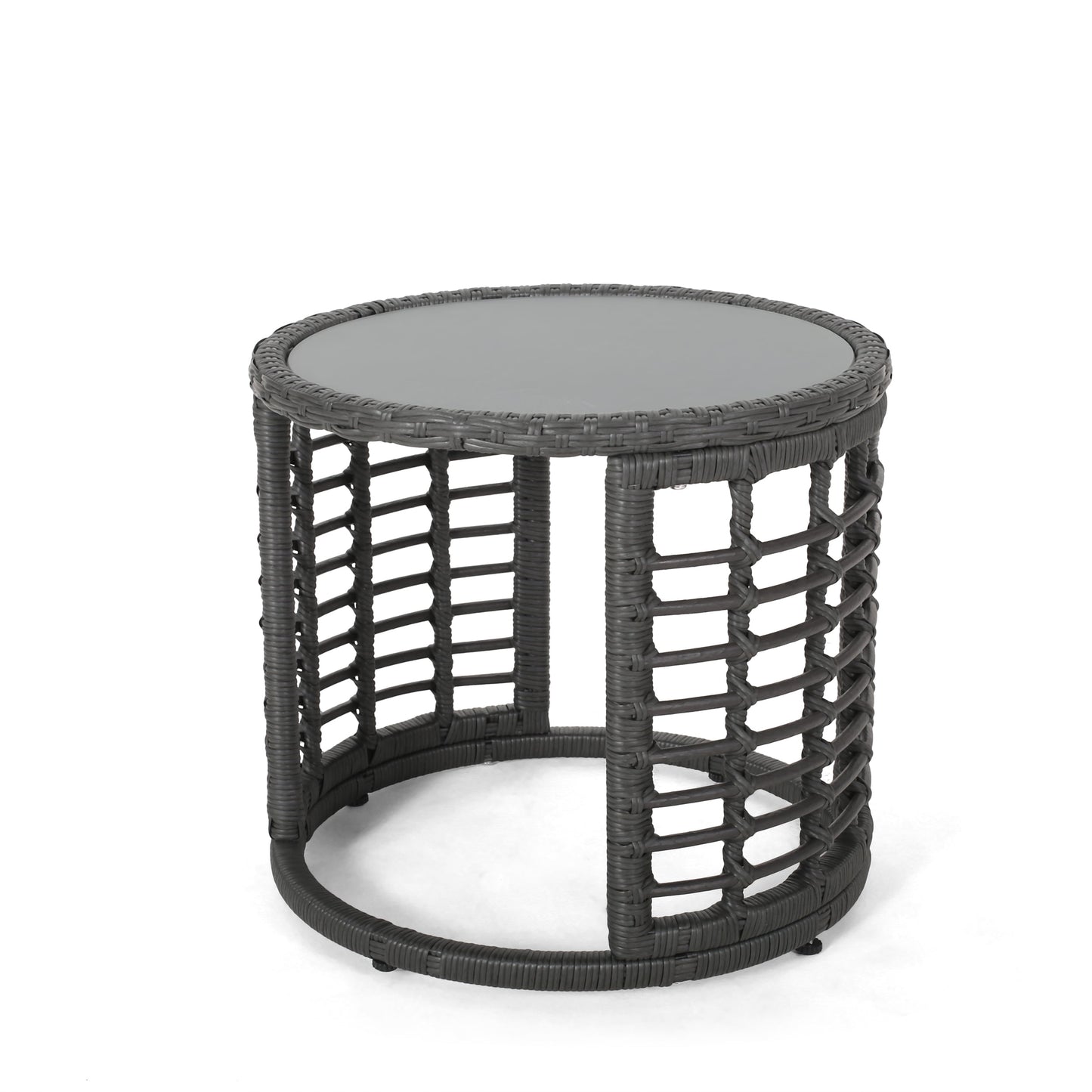 Noble House Caspian Indoor Modern Boho Wicker Side Table with Tempered Glass Top, Gray