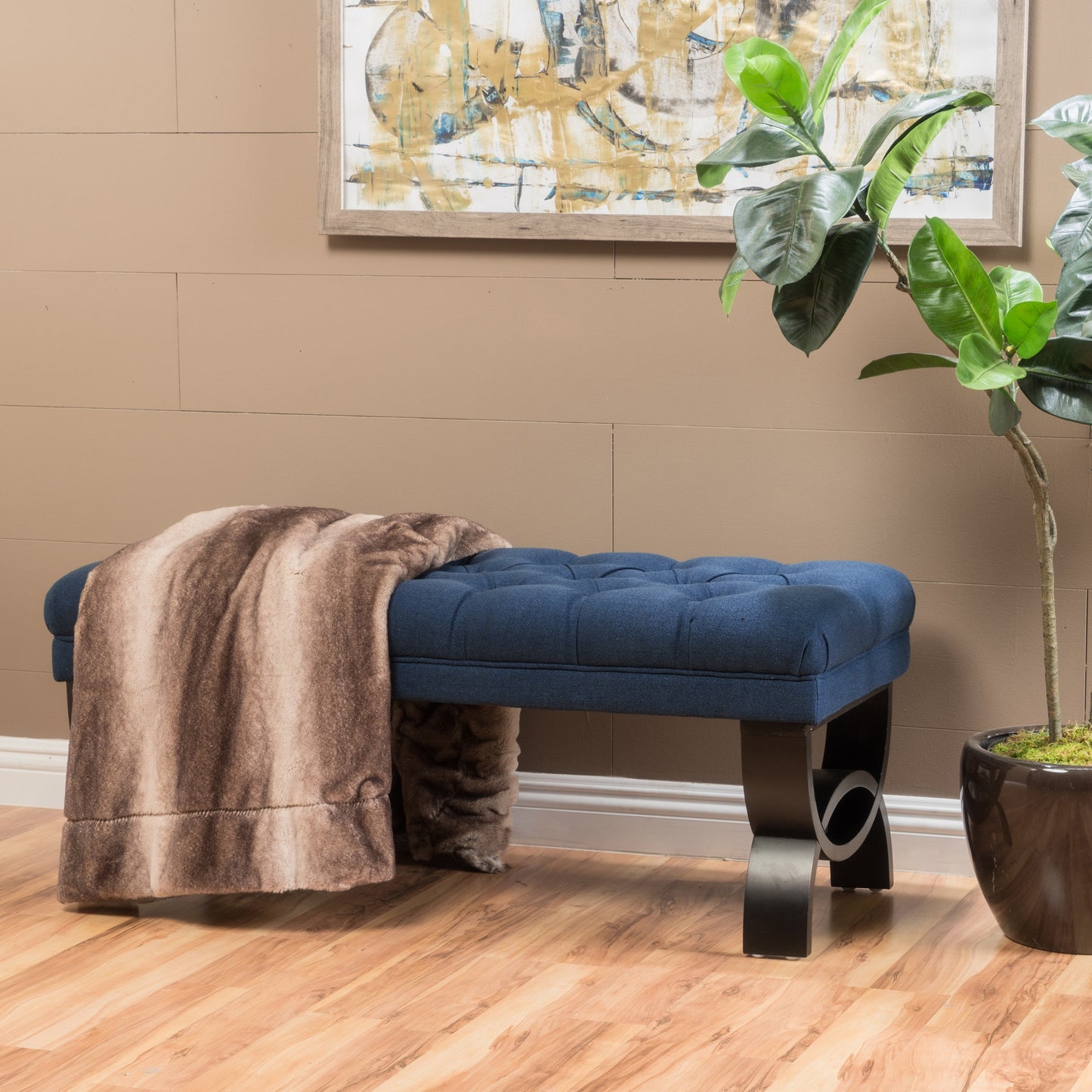 Noble House Enzo Fabric Ottoman Bench, Dark Blue