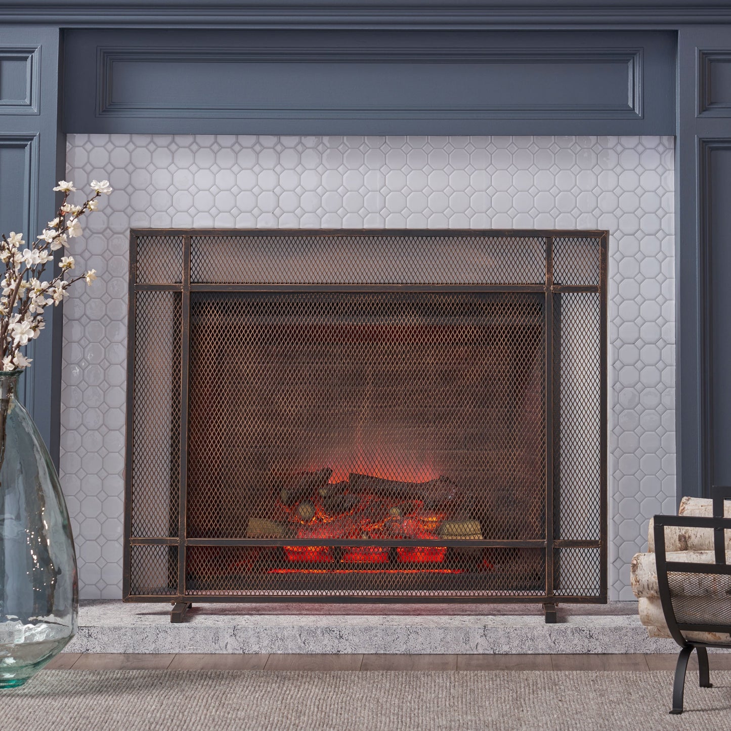 Noble House Houston Modern Single Panel Iron Firescreen, Black Brushed Gold Finish