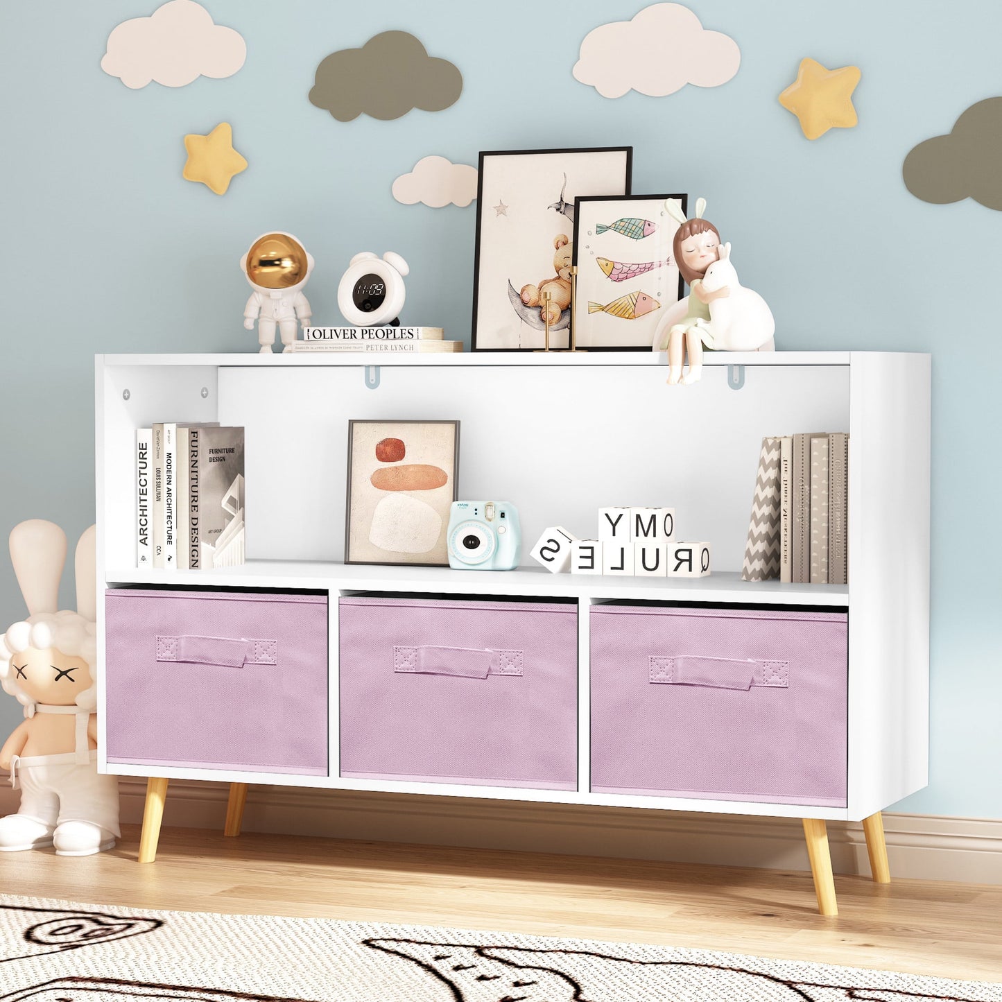 Noble House Kids Bookcase with Fabric Bins, Pine Toy Storage Organizer Shelf, Children's Book Display, White and Pink