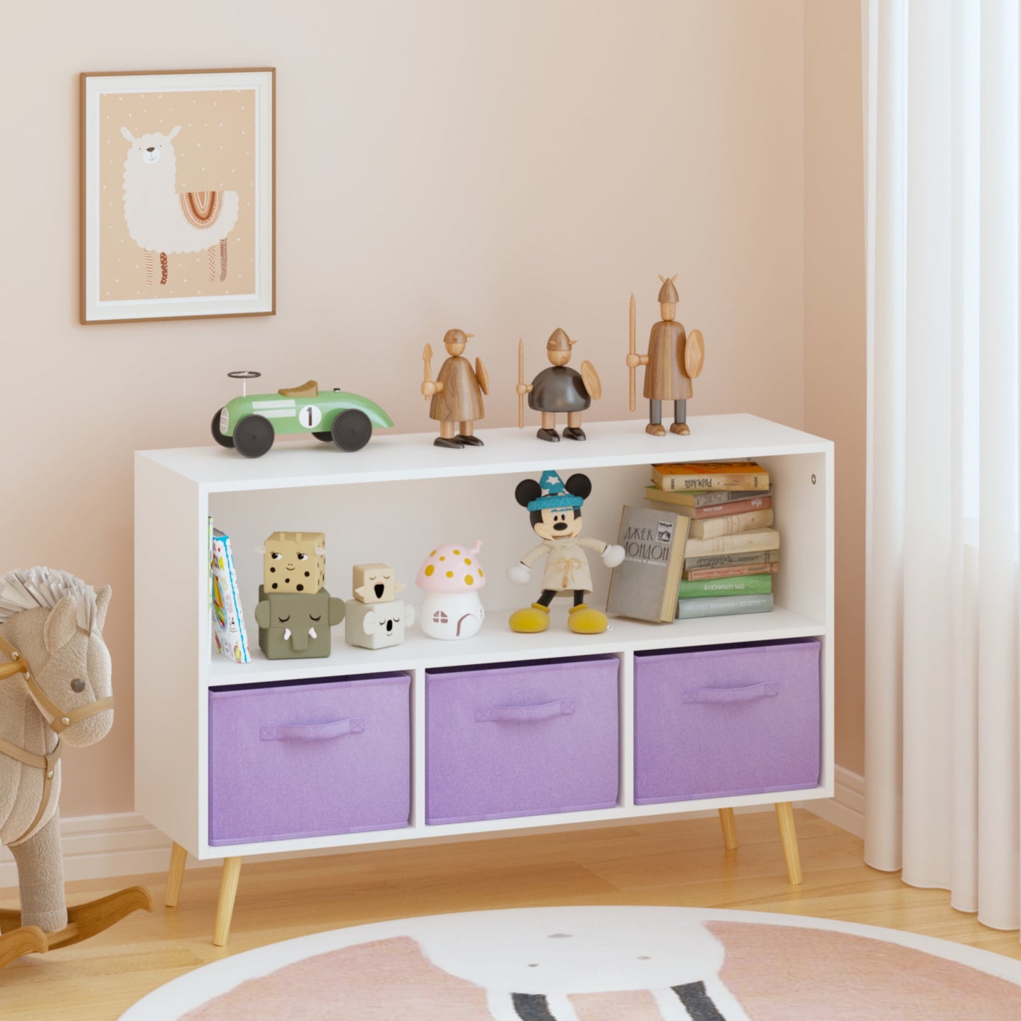 Noble House Kids Bookcase with Fabric Bins, Pine Toy Storage Organizer Shelf, Children's Book Display, White and Purple