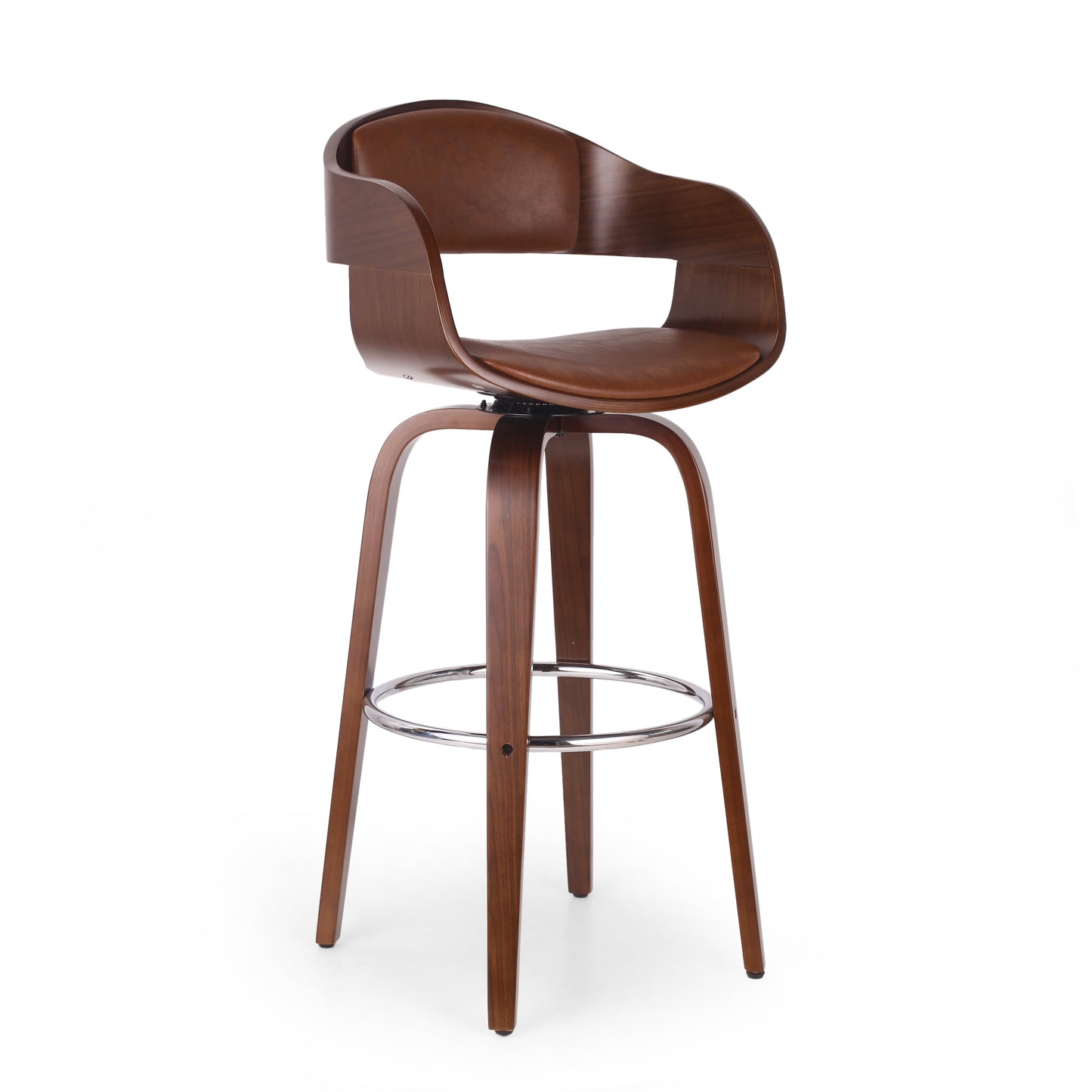 Noble House Lovejoy Upholstered Swivel Barstool, Cognac Brown and Walnut
