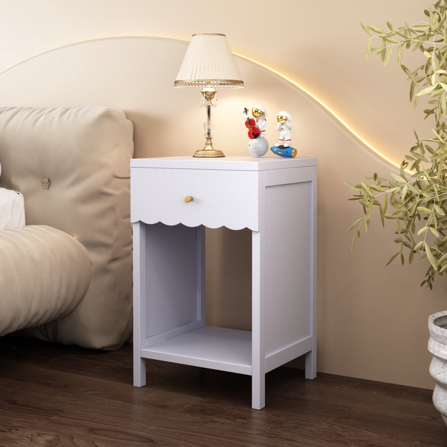 Noble House Modern Scalloped Nightstand with Drawer and Shelf, Cute Bedside Table for Kids Room or Bedroom, Purple