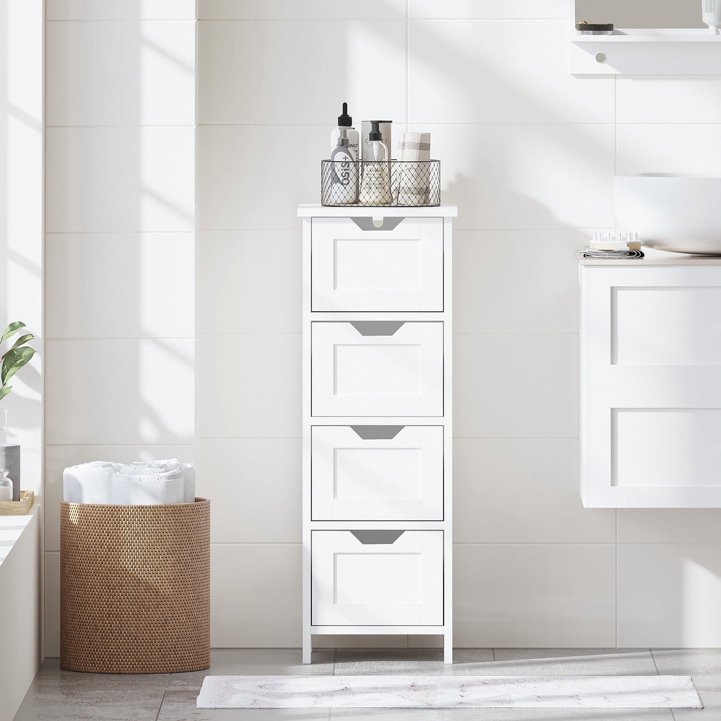 Noble House Nesta Narrow 4-Drawer Bathroom Floor Cabinet, Slim Vertical Storage Organizer, Space-Saving Design, White