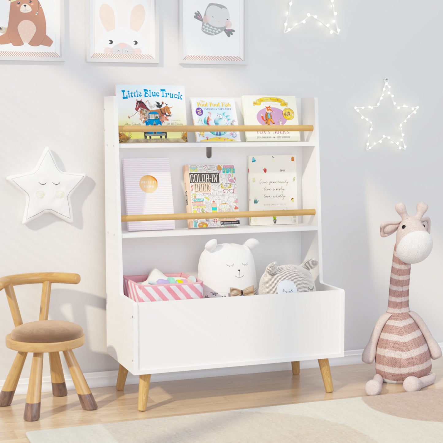 Noble House Solview Kids Bookshelf with Toy Bin, 2-Shelf Book and Magazine Rack Storage Cabinet Organizer, White