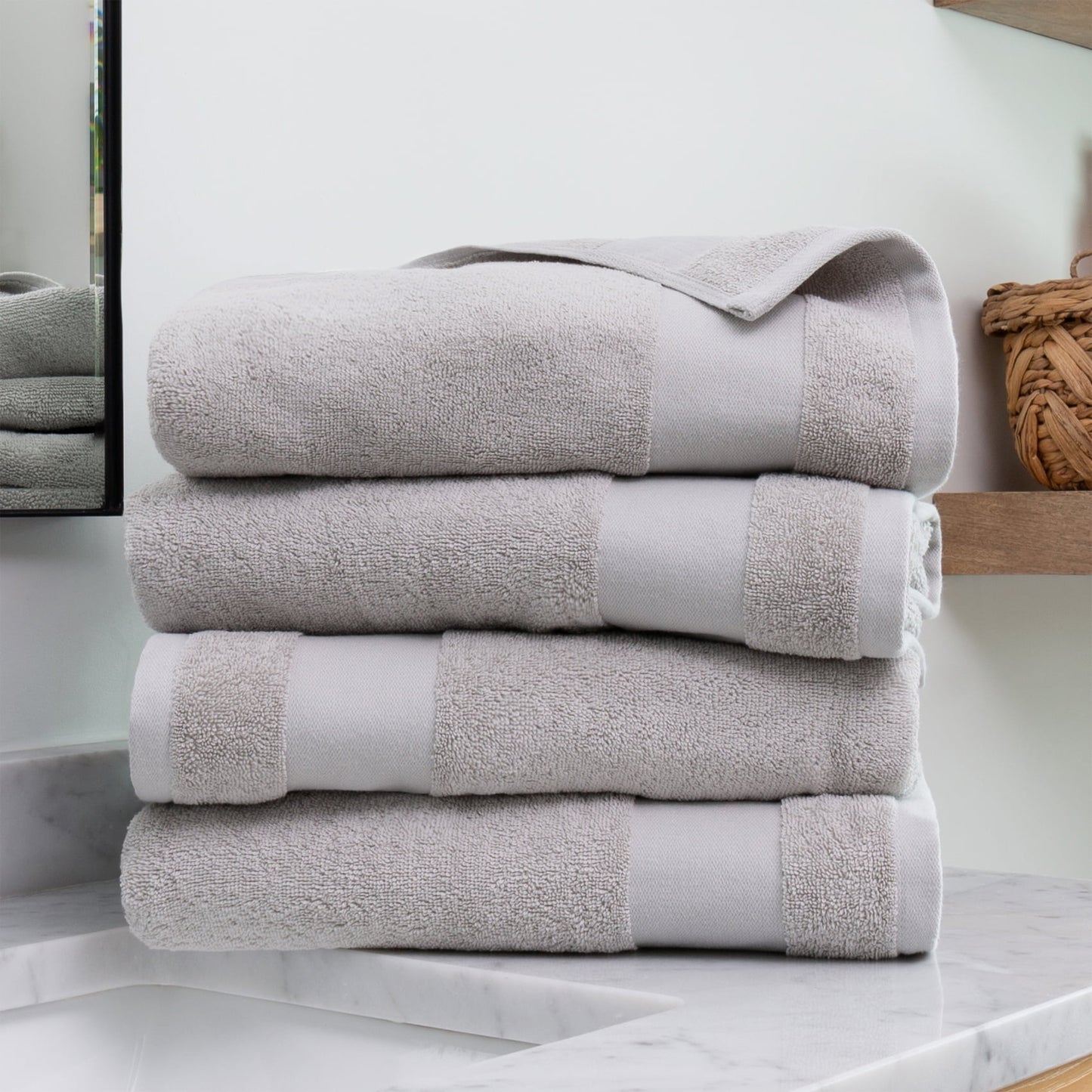 Noble Linens 4 Piece Farmhouse Cotton Bath Towel Set, Light Gray