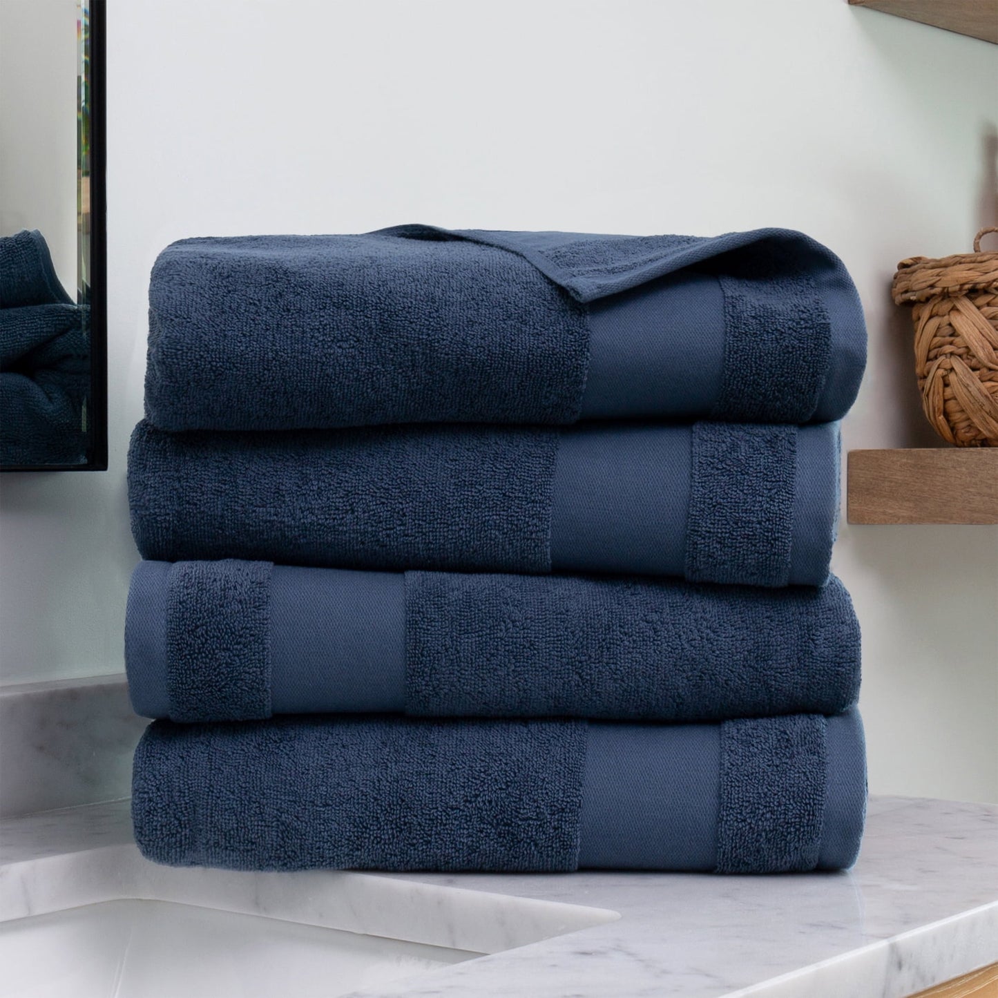 Noble Linens 4 Piece Farmhouse Cotton Bath Towel Set, Navy Blue