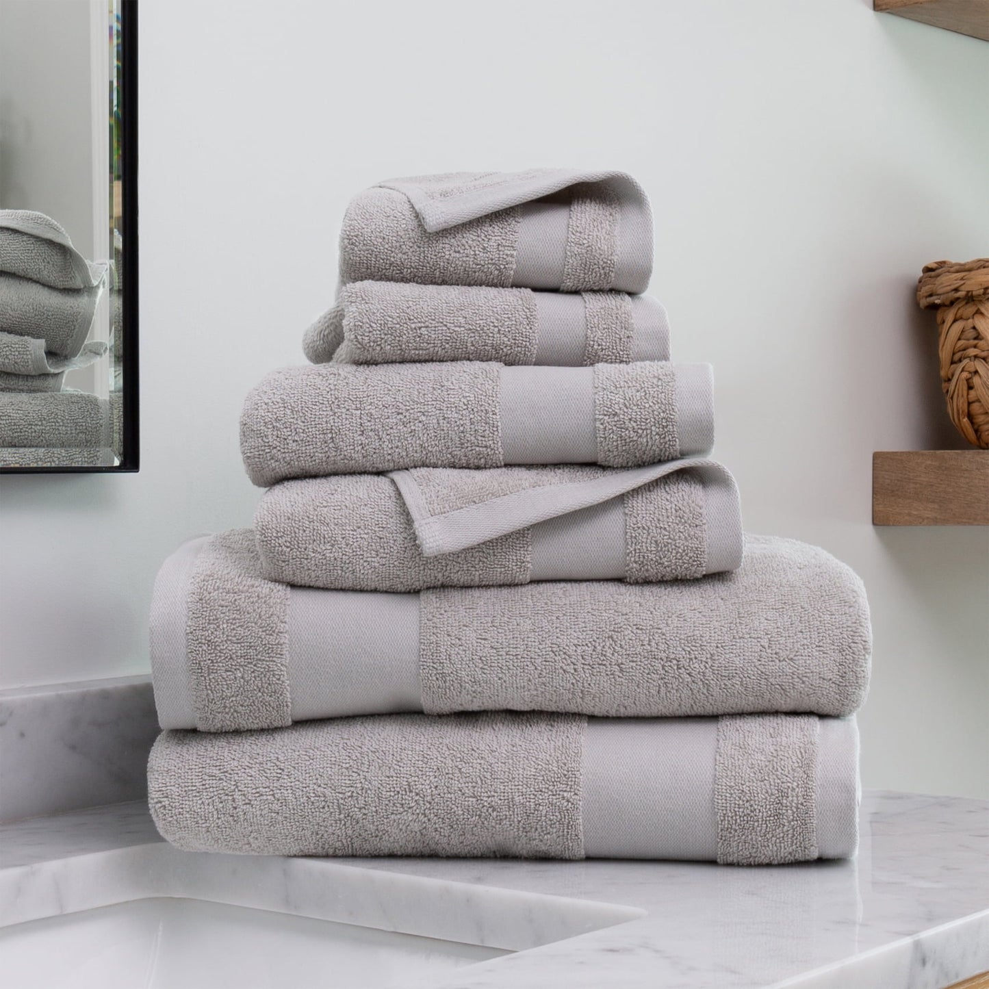 Noble Linens 6 Piece Farmhouse Cotton Bath Towel Set, Light Gray