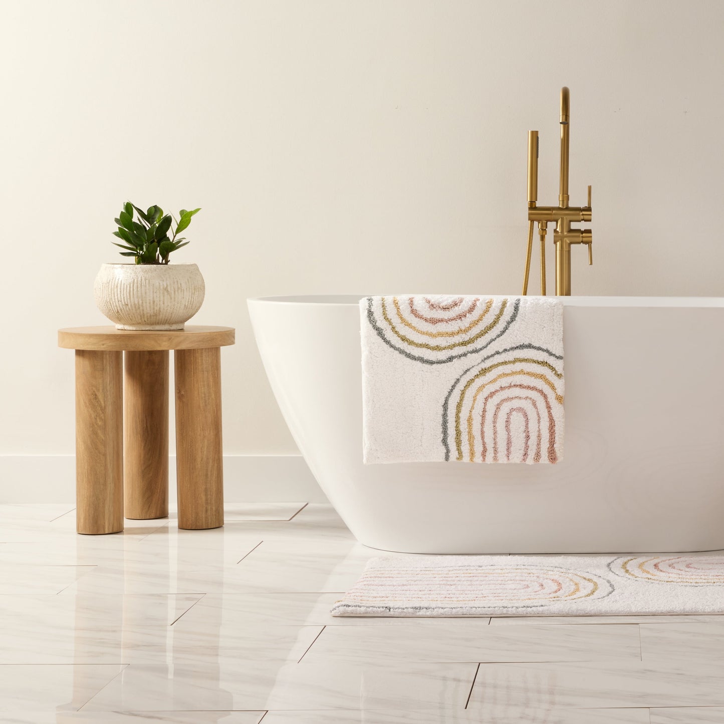 Noble Linens Modern Pattern Cotton Bath Mat, 34 in x 21 in, Rainbow White