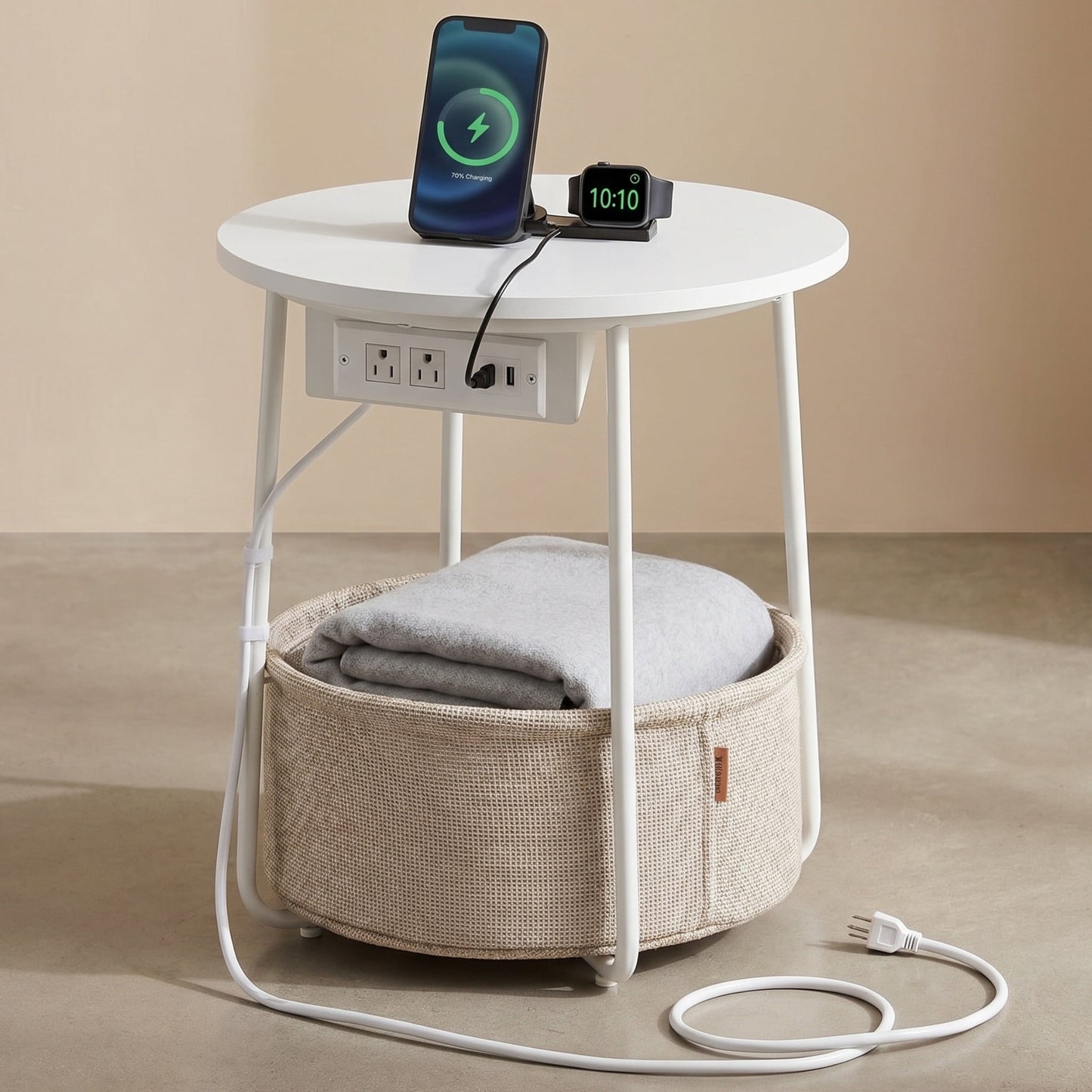 Nordic Hygge 17.7 in. Round Side Table with Charging Station and Storage Basket, Matte White/Camel Brown
