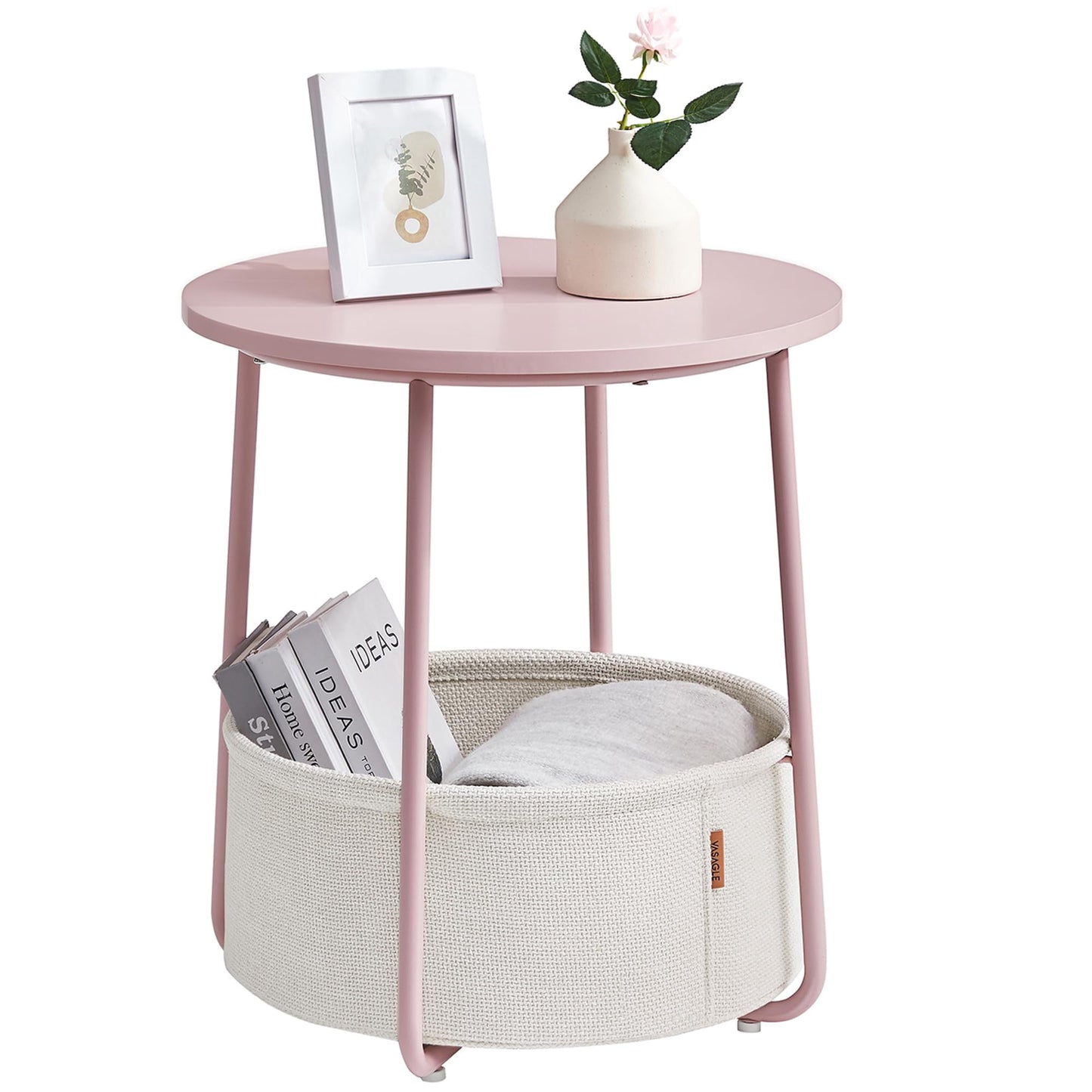 Nordic Hygge 17.7 in. Round Side Table with Fabric Storage Basket, Jelly Pink/Cream White