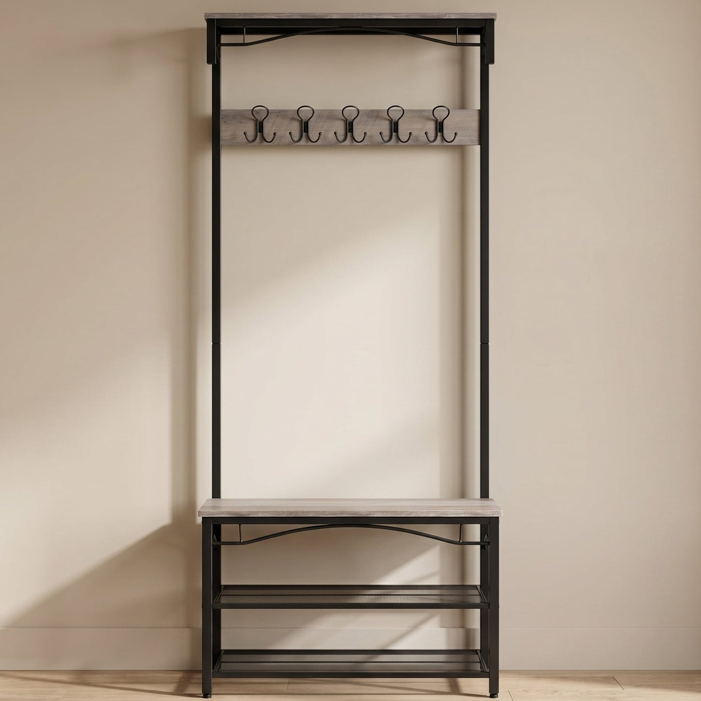 Nordic Hygge 70.3 in. Industrial Hall Tree with Shoe Bench & Storage Shelves, Greige & Black