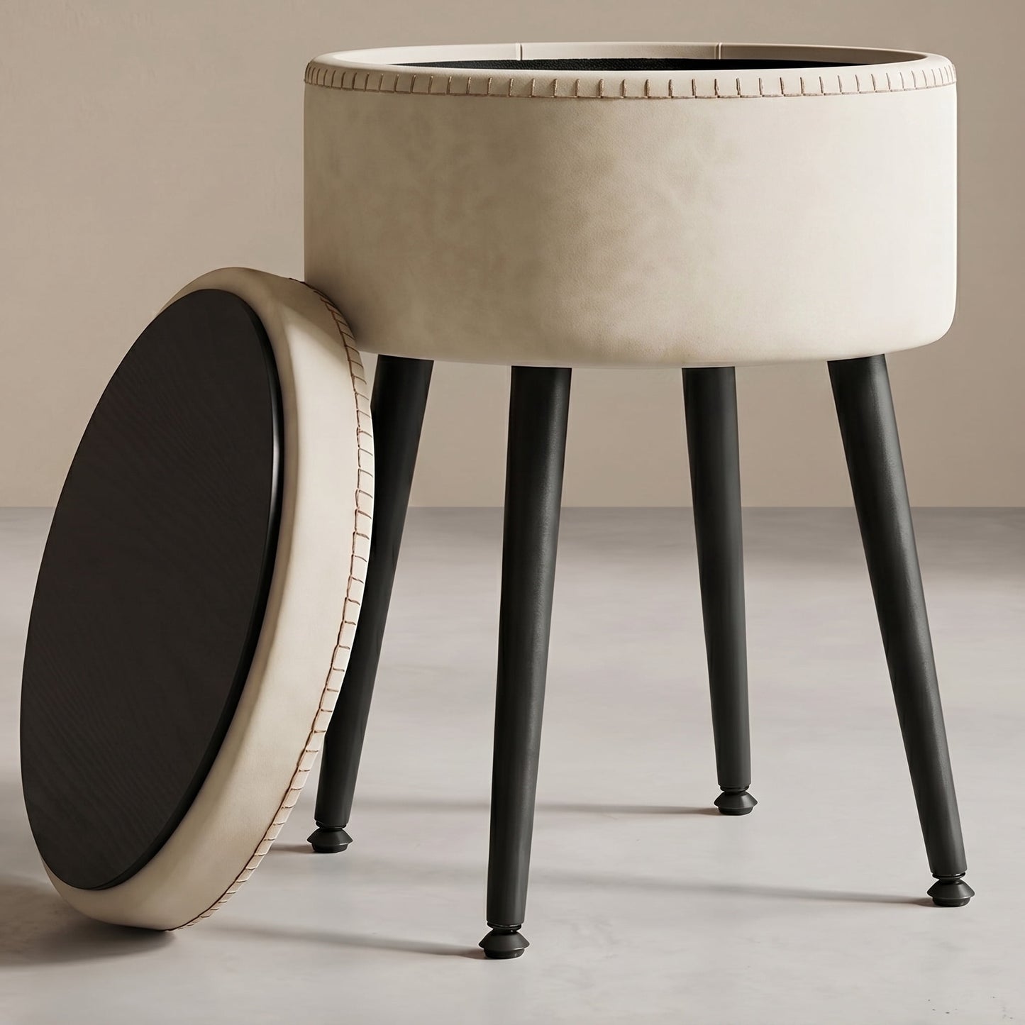 Nordic Hygge Round Storage Vanity Stool, Cream White
