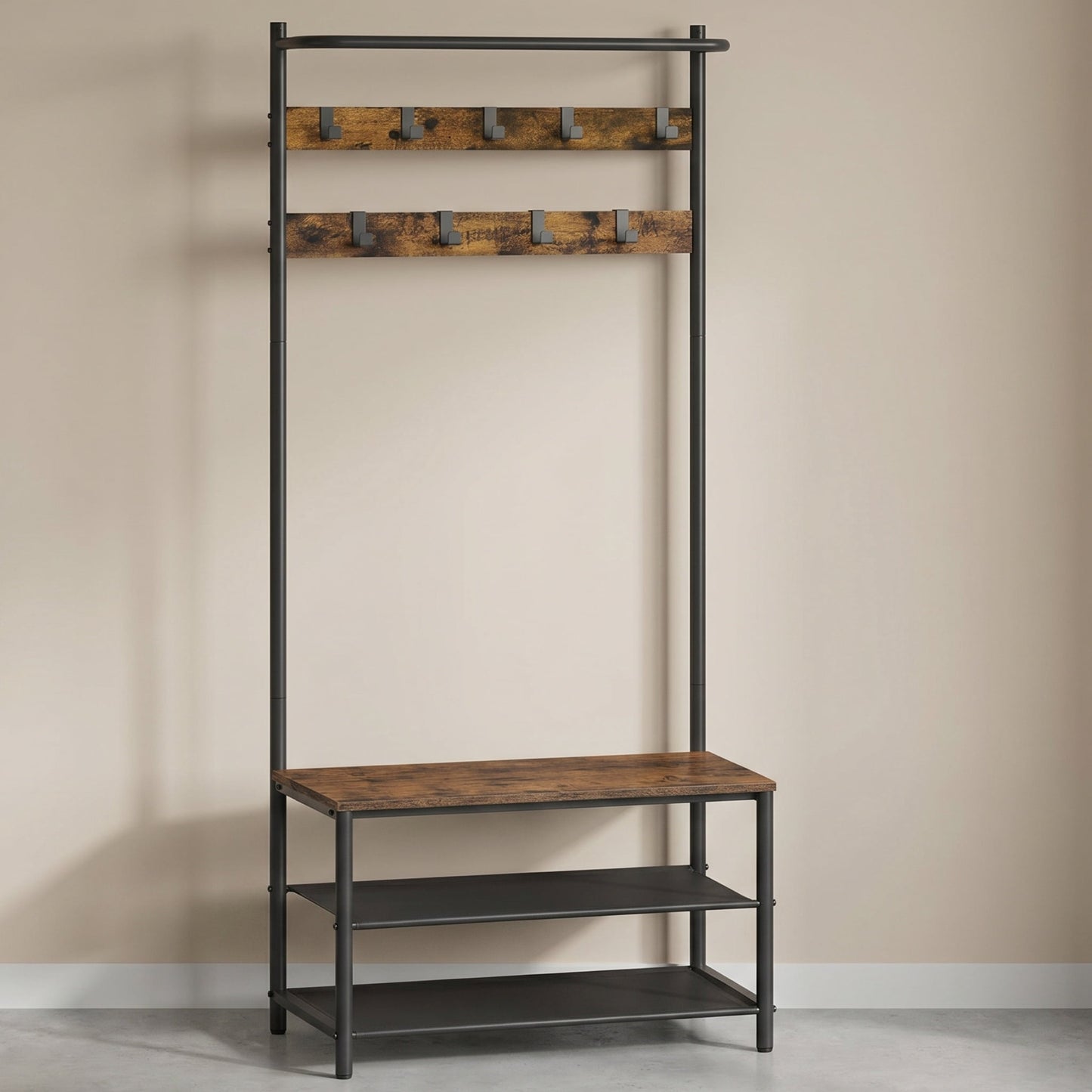 Nordic Hygge3-in-1 Industrial Hall Tree with Shoe Storage Bench, Rustic Walnut & Black