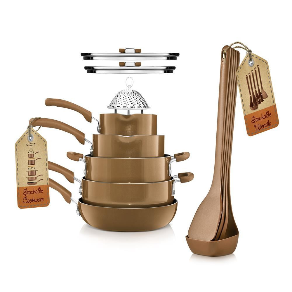 NutriChef 17 Piece Non-Stick Cookware Set, Pots & Pans with foldable Knob, Space Saving, Stackable, Nylon Tools Set, Induction Base, Brown