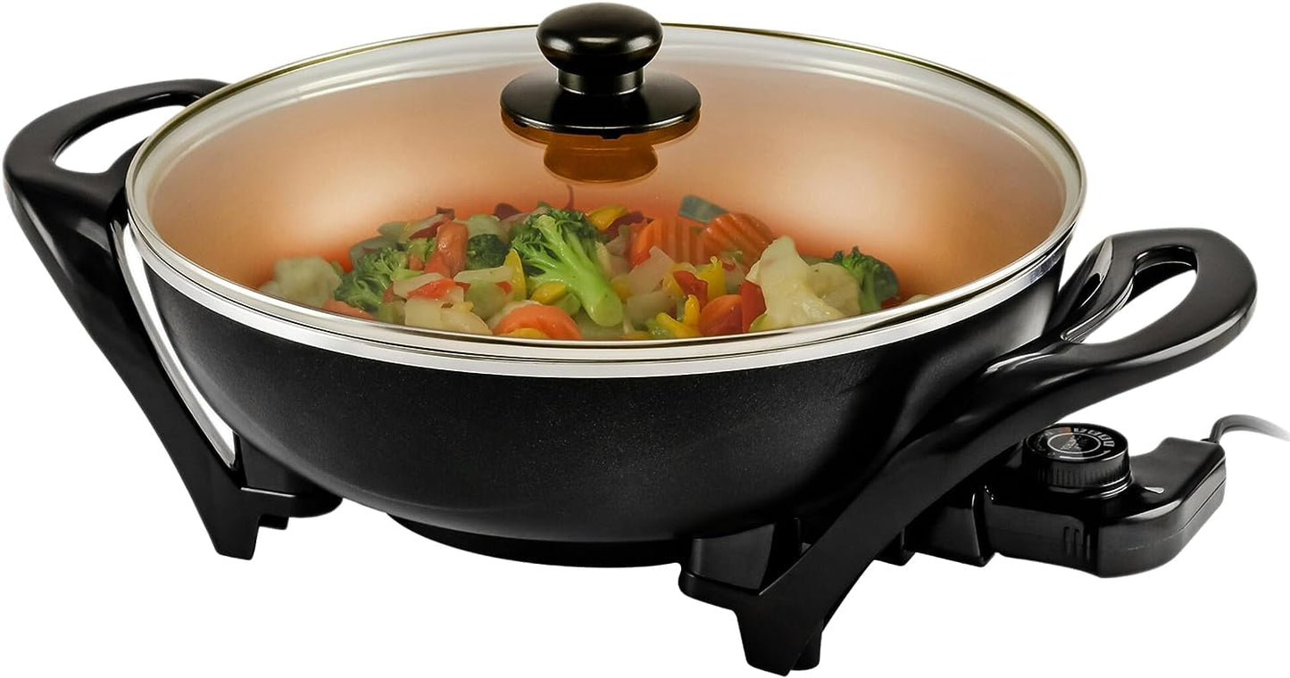 OVENTE 13 inch Electric Wok, Nonstick Coating Skillet, Tempered Glass Lid, Copper SK3113CO