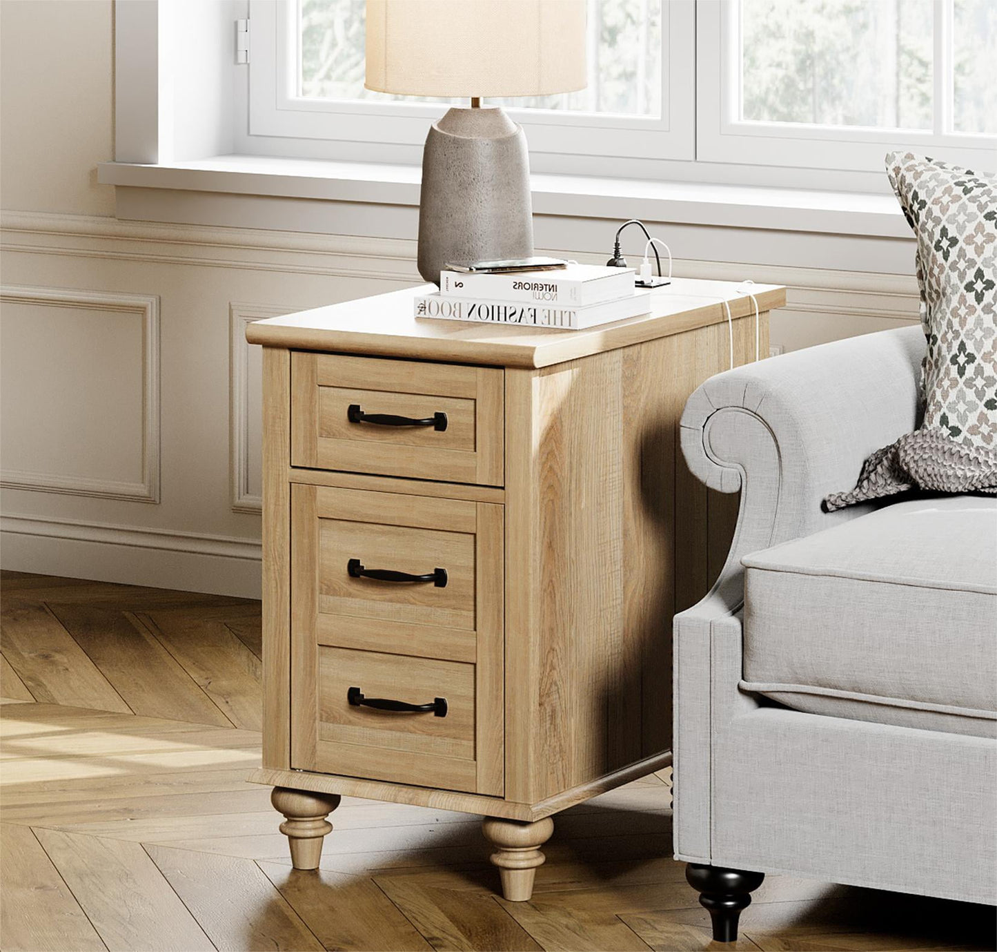 Oak End Table with Charing Staion, Narrow Nightstand Side Table with Drawer for Living Room