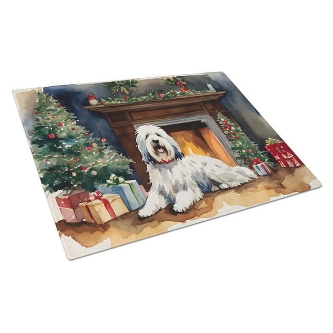 Old English Sheepdog Cozy Christmas Glass Cutting Board Large 12 in x 15 in