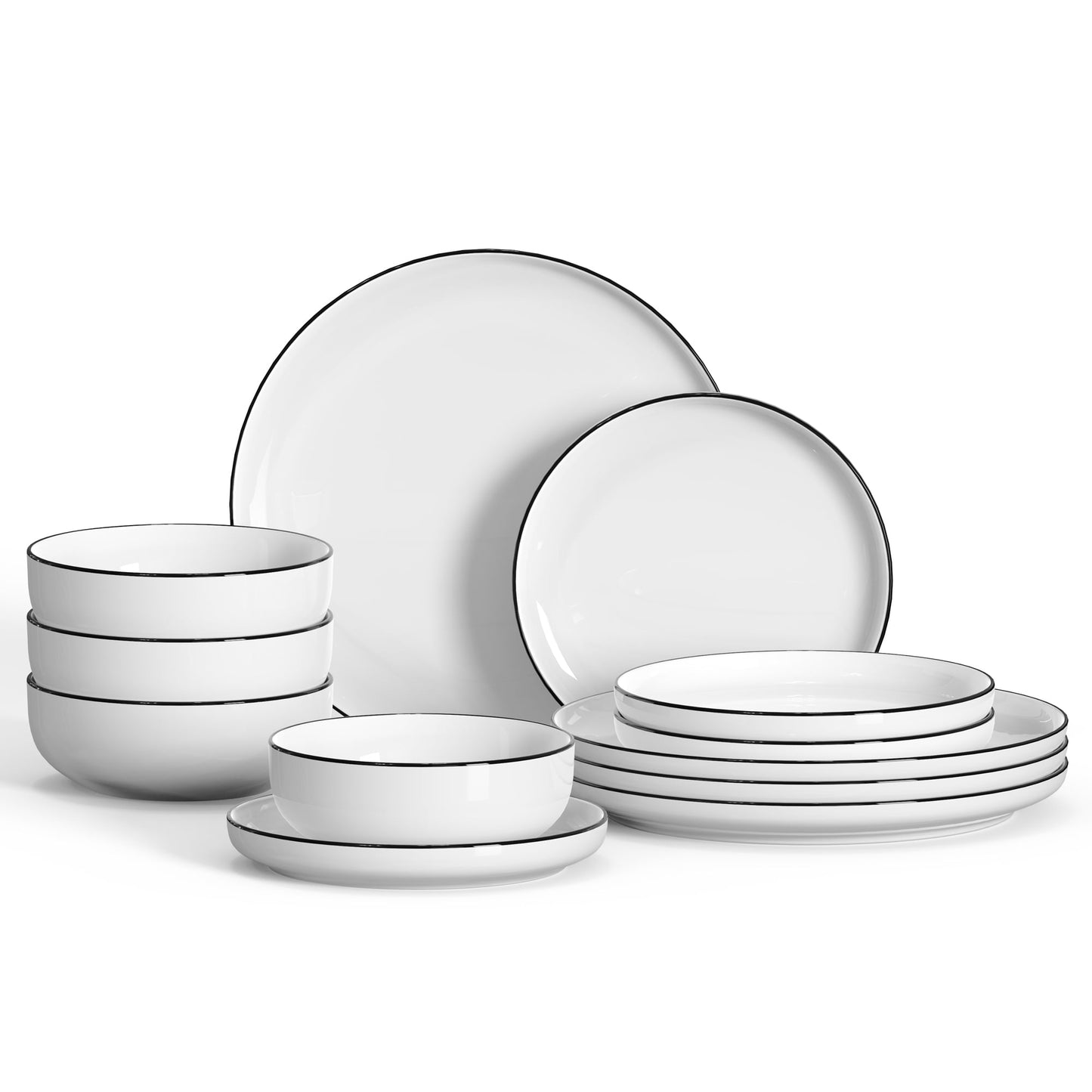 Ollieroo Kitchen Plates and Bowls Sets, 12 Pieces Porcelain Dinnerware Set for 4, Handmade Ceramic Dish Set wtih Black Rim, Ceramic Dishware Dishes Microwave and Dishwasher Safe