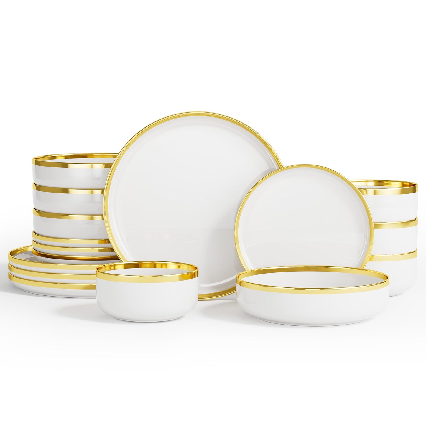 Ollieroo Juegos de Platos y Tazones de Cocina, Juego de Vajilla de Porcelana de 16 Piezas para 4, Juego de Platos de Cerámica Hecho a Mano con Borde Dorado, Blanco, No Apto para Microondas&Lavavajillas&Horno