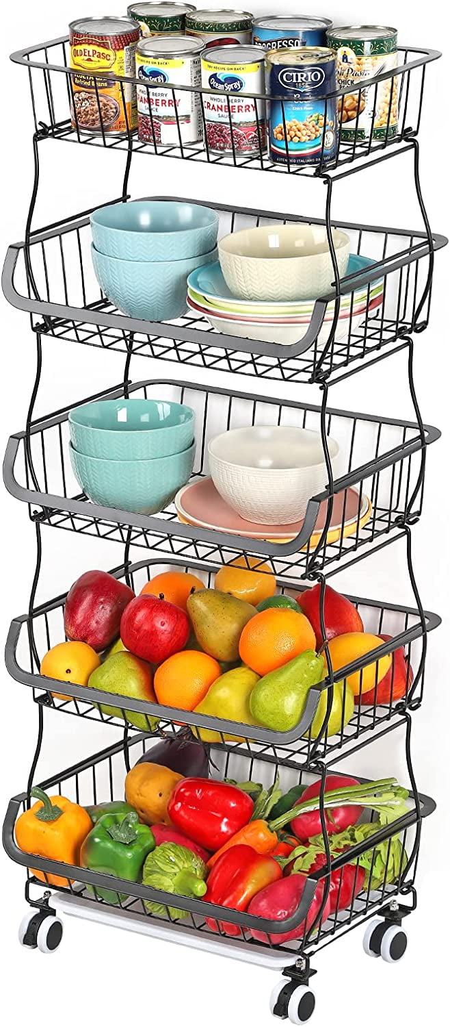 Oumilen 5 Tier Fruit Storage Basket Stand Kitchen 16.1" Rolling Cart Vegetable Fruit Rack
