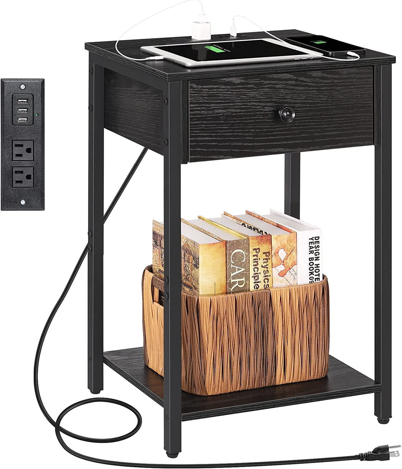 Oumilen Modern Adult Nightstand with Charging Station, Black