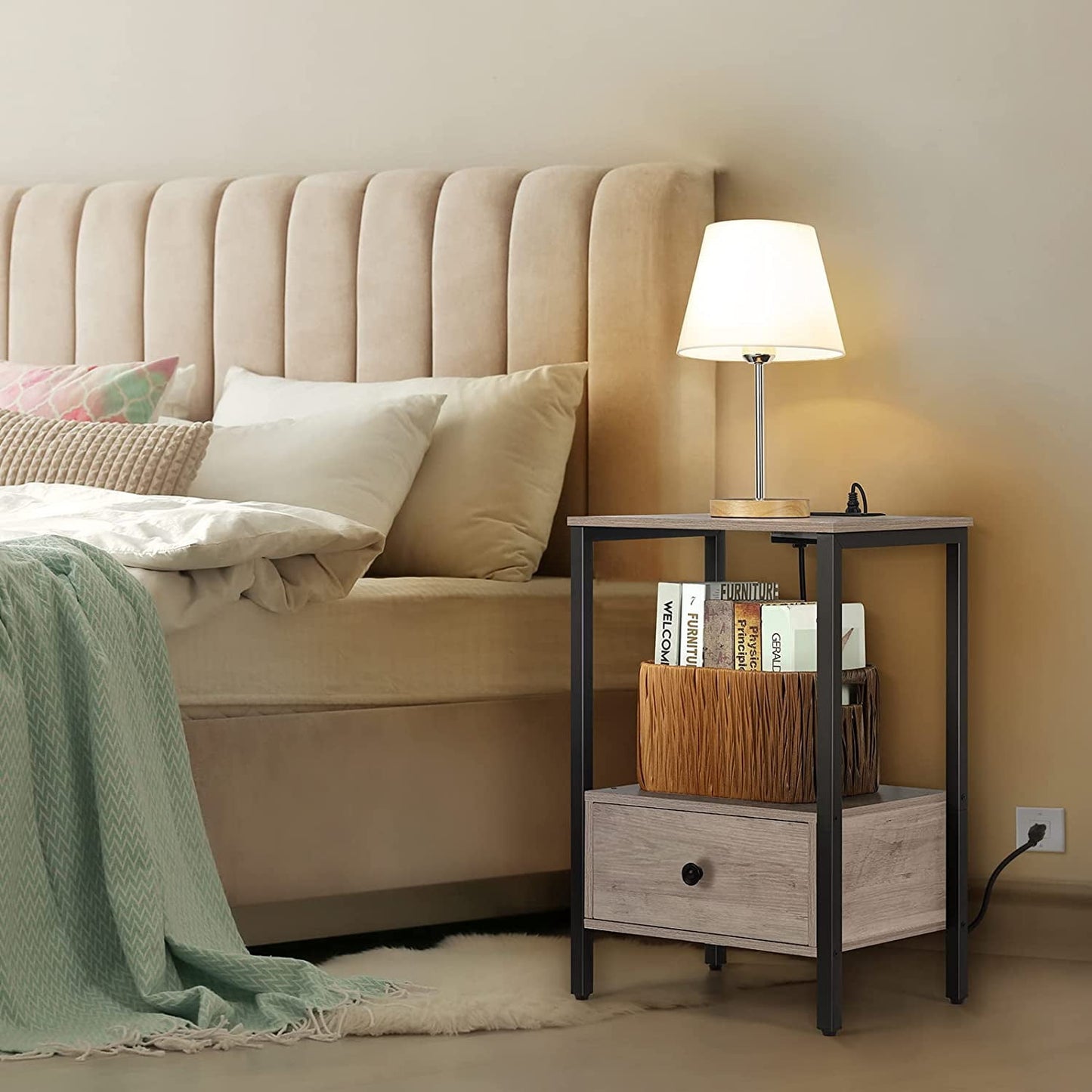 Oumilen Modern Adult Nightstand with Charging Station, Light Oak
