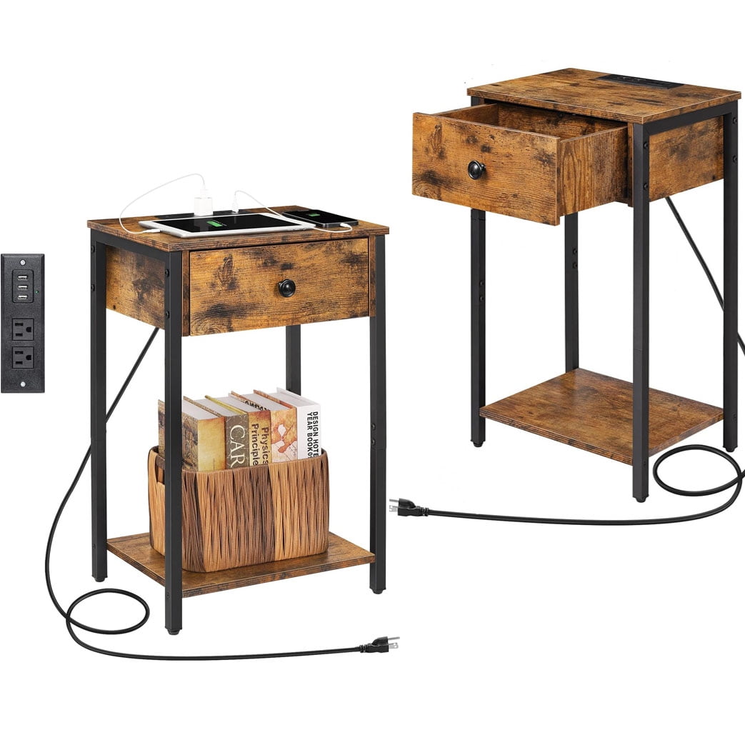 Oumilen Adult Rustic Nightstand with Charging Station, Set of 2, Brown