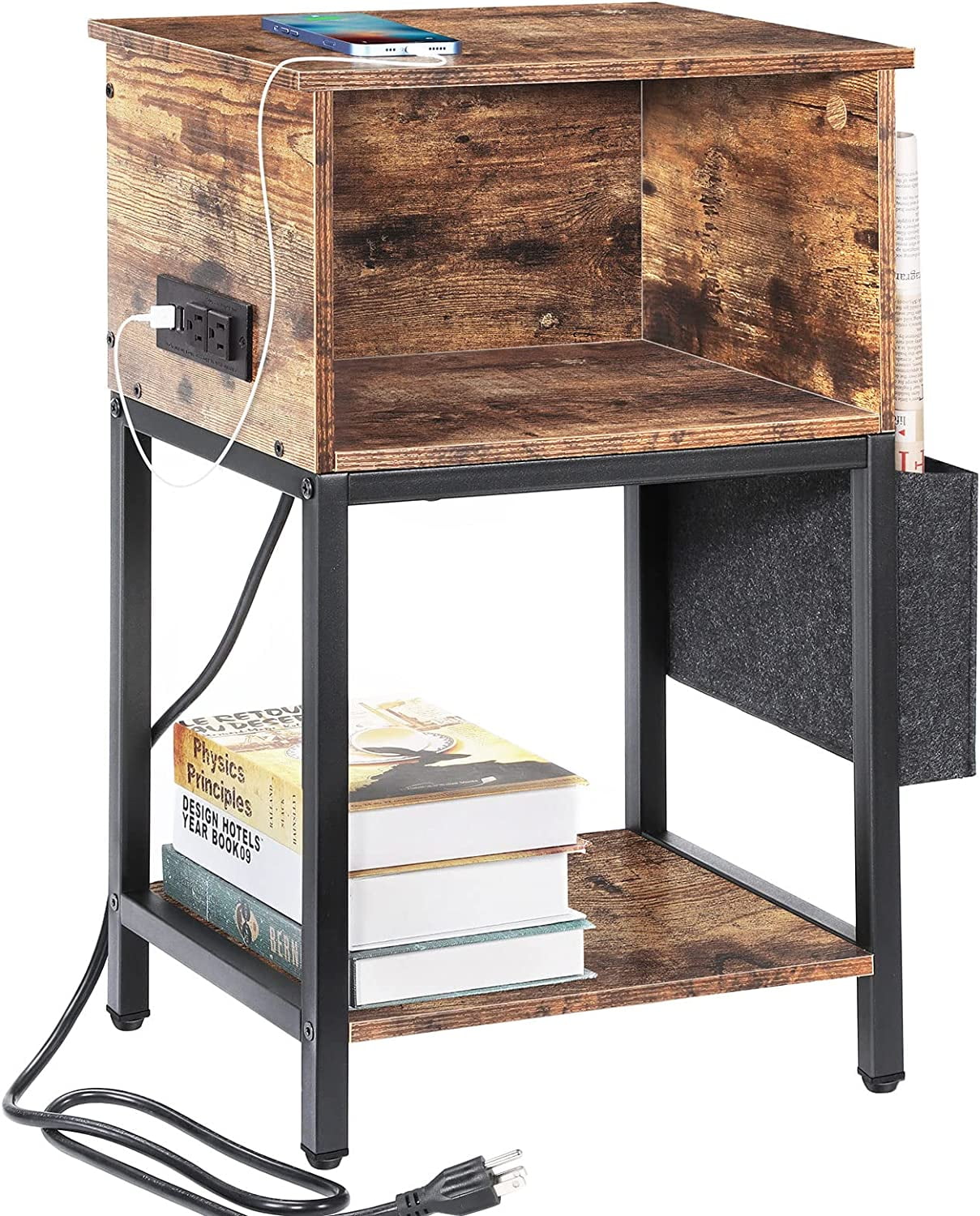 Oumilen Wesern Home End Table Side Table with Storage and Fabric Bags and Build-In Fast Charging Station with USB Ports, Rustic Brown Wood
