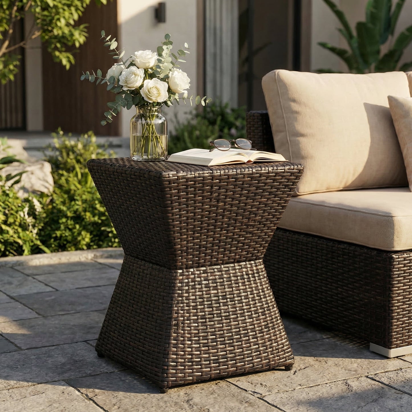 Outdoor 16 Inch Wicker End Side Table for Patio Balcony Garden, Brown