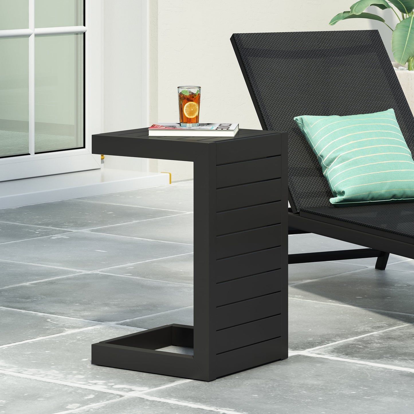 Outdoor Aluminum C Shaped Side Table, Space Saving Accent Table for Patio Garden, Black