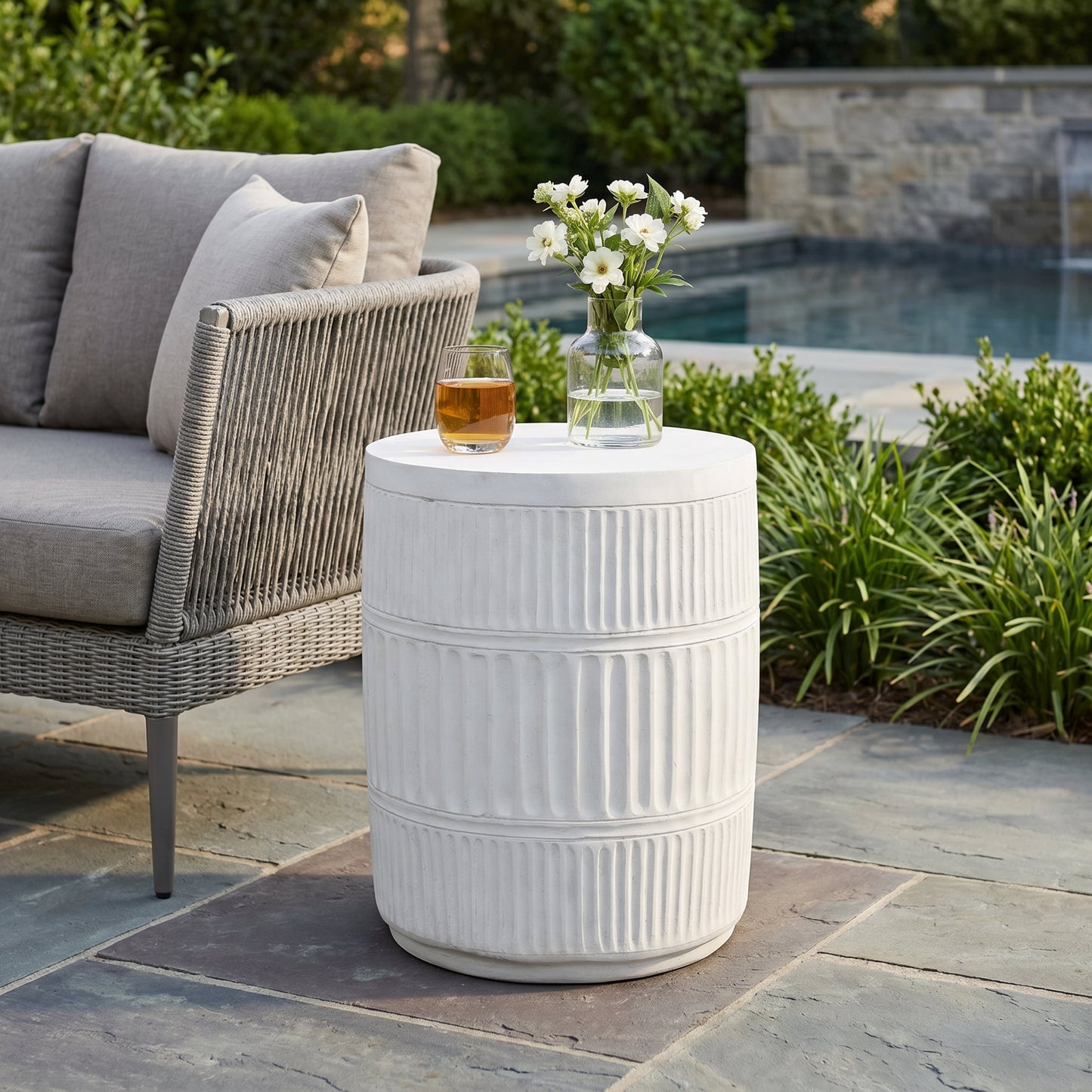 Outdoor Fluted Texture End Table, Lightweight Concrete Material for Patio Garden, White