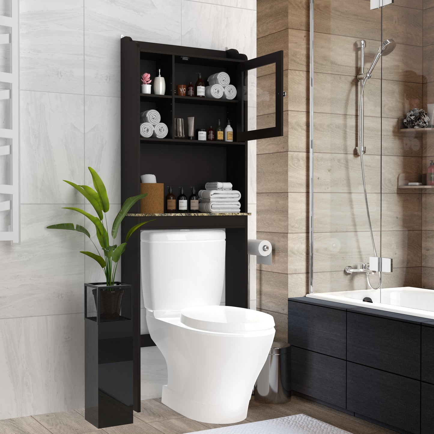 Gabinete de Almacenamiento sobre el Inodoro, Organizador Ahorrador de Espacio para el Baño, Gabinete de Almacenamiento Independiente de Madera, Espresso 02