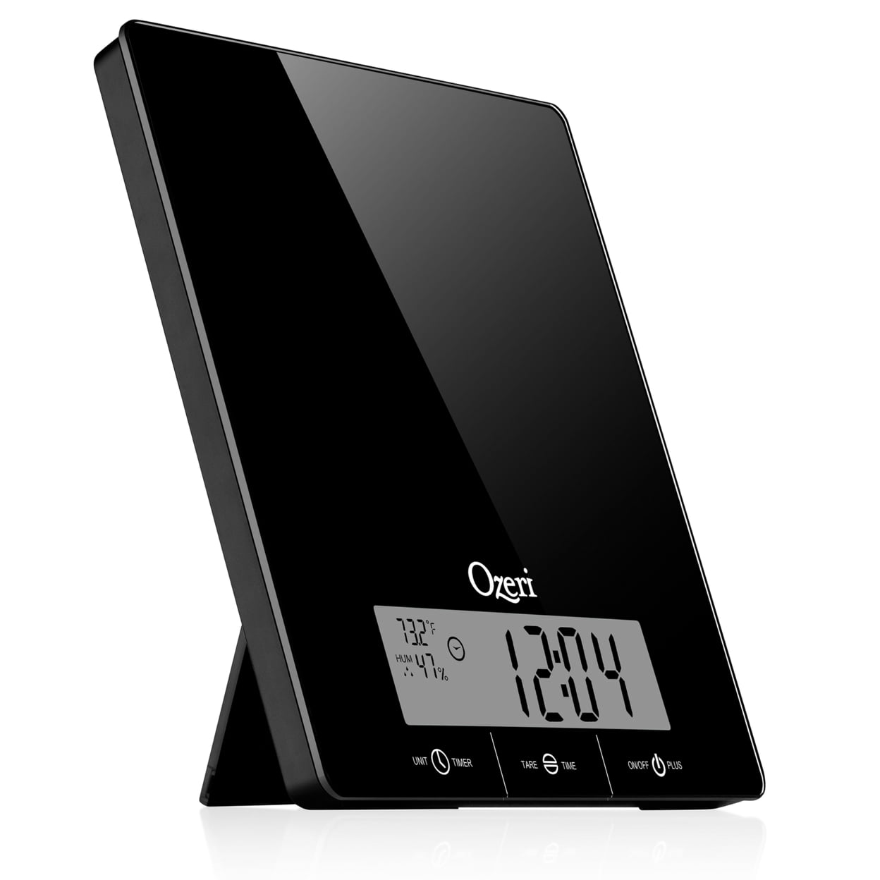 Ozeri Touch III 22 lbs (10 kg) Kitchen Scale in Tempered Glass, with Clock, Temperature & Humidity Gauge