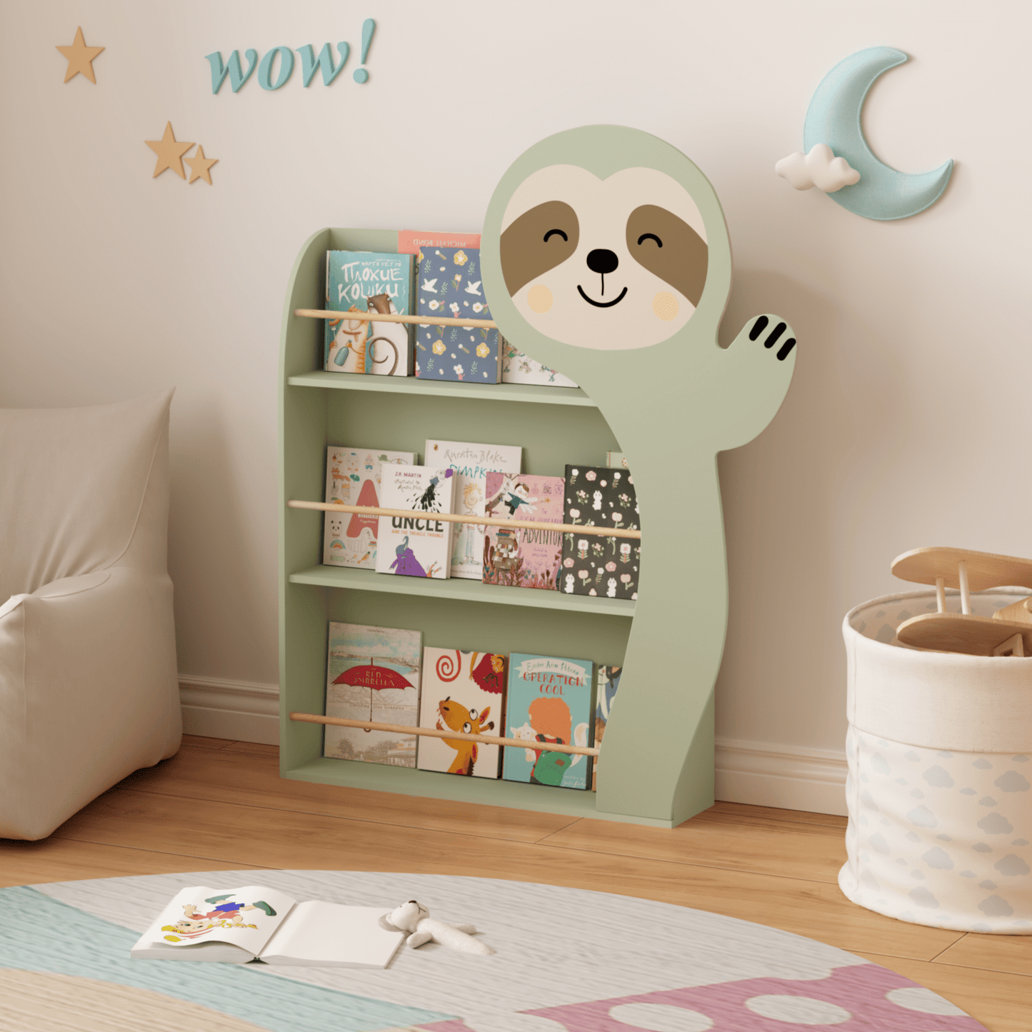 PORKISS Kids Bookshelf, 3 Tier Wooden Kids Bookcase, Sloth Bookshelf for Kids for Playroom, Bedroom, Children's Room, Green