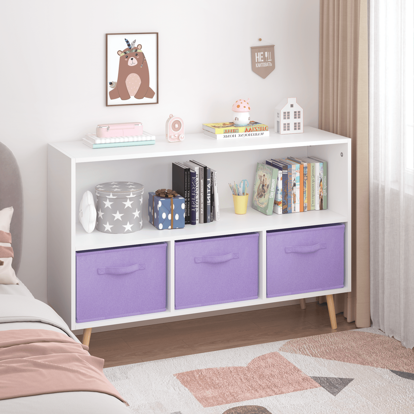 PORKISS Kids Bookshelf, Wood Kids Bookcase with 3 Collapsible Fabric Drawers, Freestanding Bookshelf for Kids, Modern Toy Storage Organizer for Kids Room, Living Room, Easy to Assembly, White/Purple
