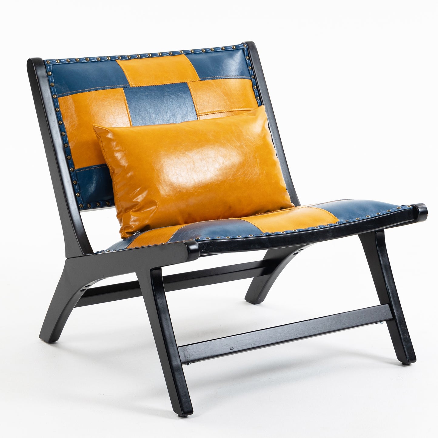 PORKISS Modern Accent Chair, Boho PU Leather Side Chair with Wood Frame and Pillow, Upholstered Armchair Comfort Reading Chair Lounge Chair for Living Room Bedroom Sunroom, Blue + Yellow