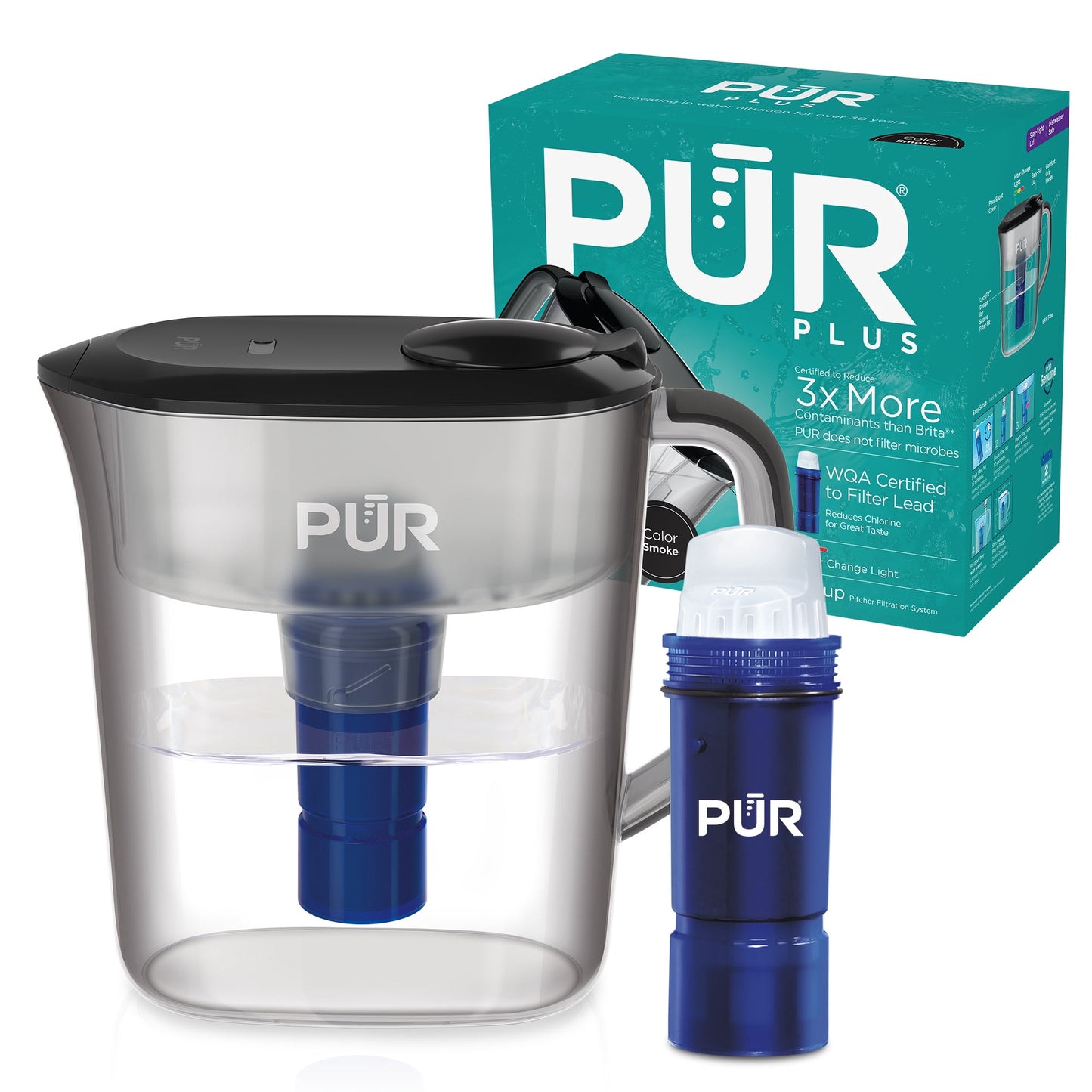 PUR PLUS 7 Cup Water Pitcher with Lead Reducing Filter, W 9.6" x H 10.1" x L 4.5", Smoke, PPT711BA