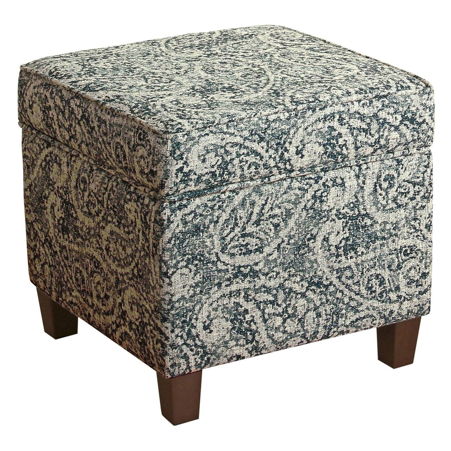 Paisley Pattern Fabric Upholstered Wooden Ottoman with Lift Off Top Blue and Gray - Saltoro Sherpi