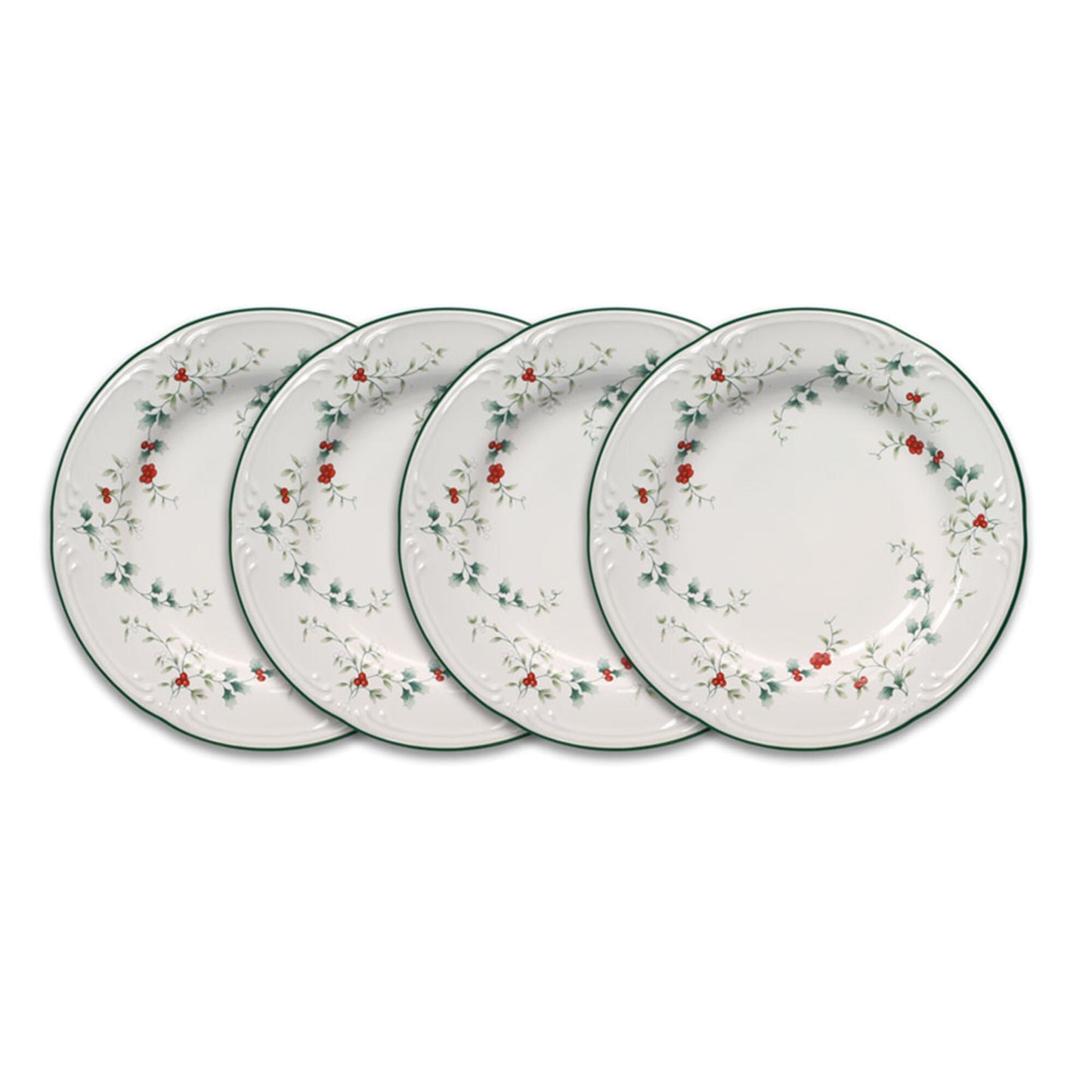 Pfaltzgraff Winterberry 8 inch Stoneware Salad Plates, Set of 4, White with Green and Red Accents