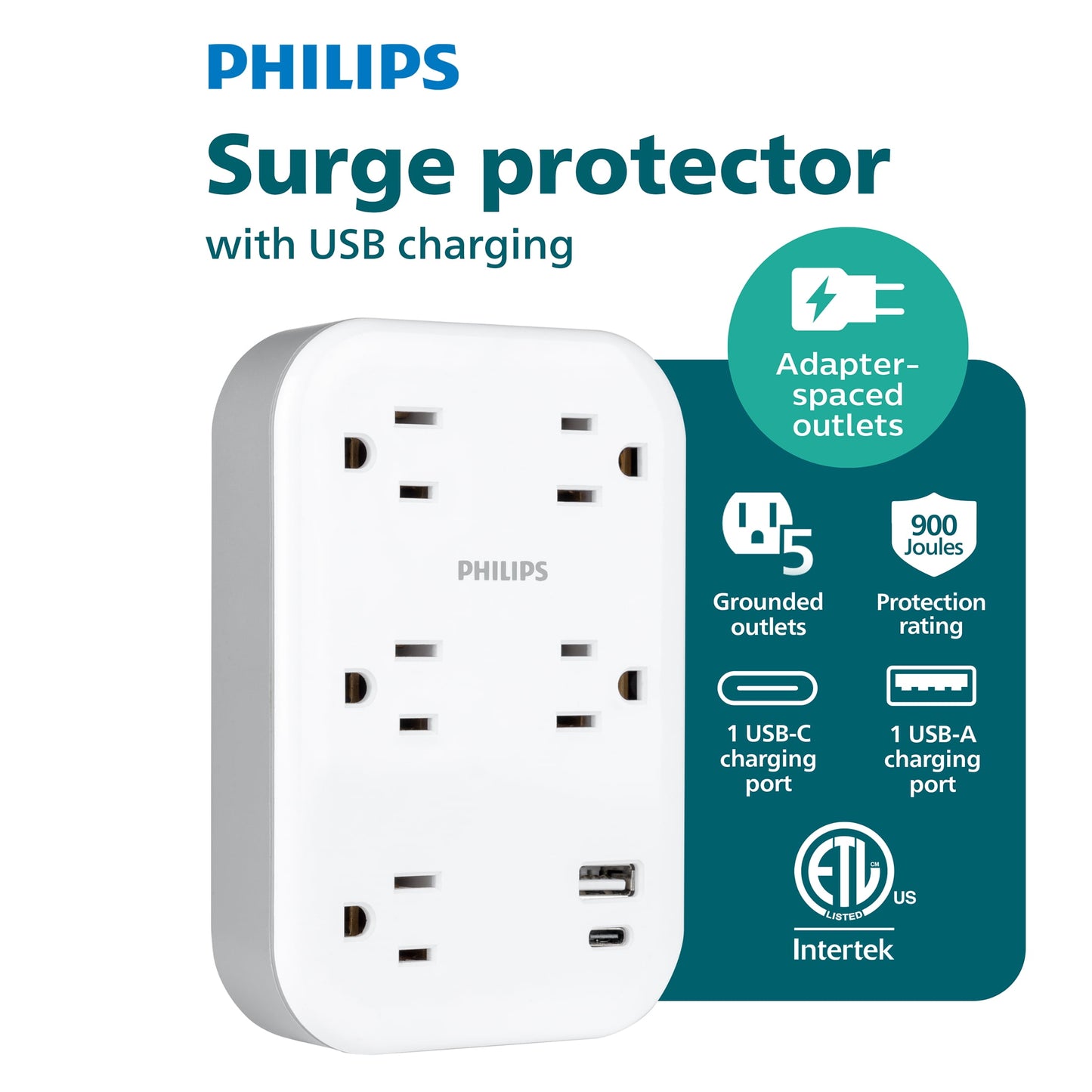 Philips Tomacorriente Múltiple de 5 Salidas con Protección contra Sobretensiones, con Espacio para Adaptadores, 1 USB-A, 1 USB-C, 17W, 900J, Blanco