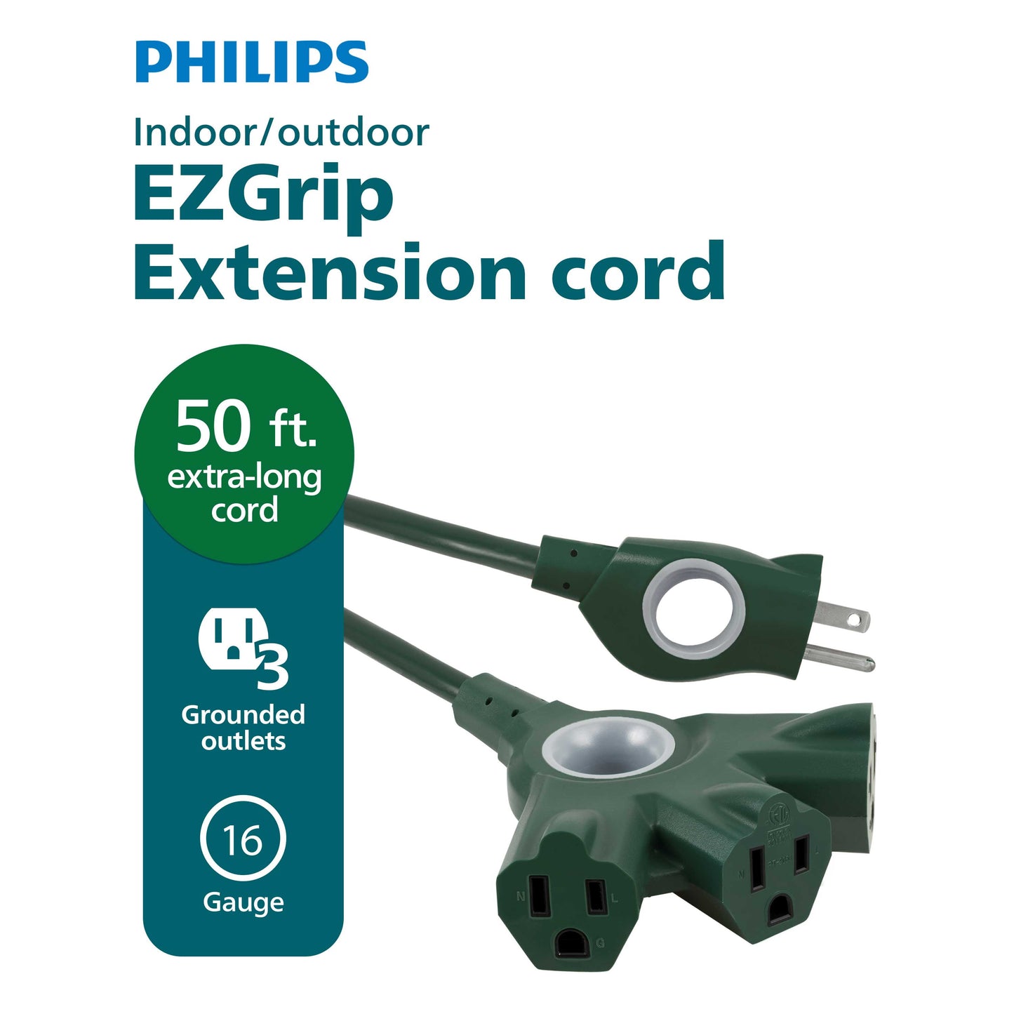 Philips EZGrip 50FT Green Outdoor Extension Cord 3 Prong with Multiple Outlets, 16AWG