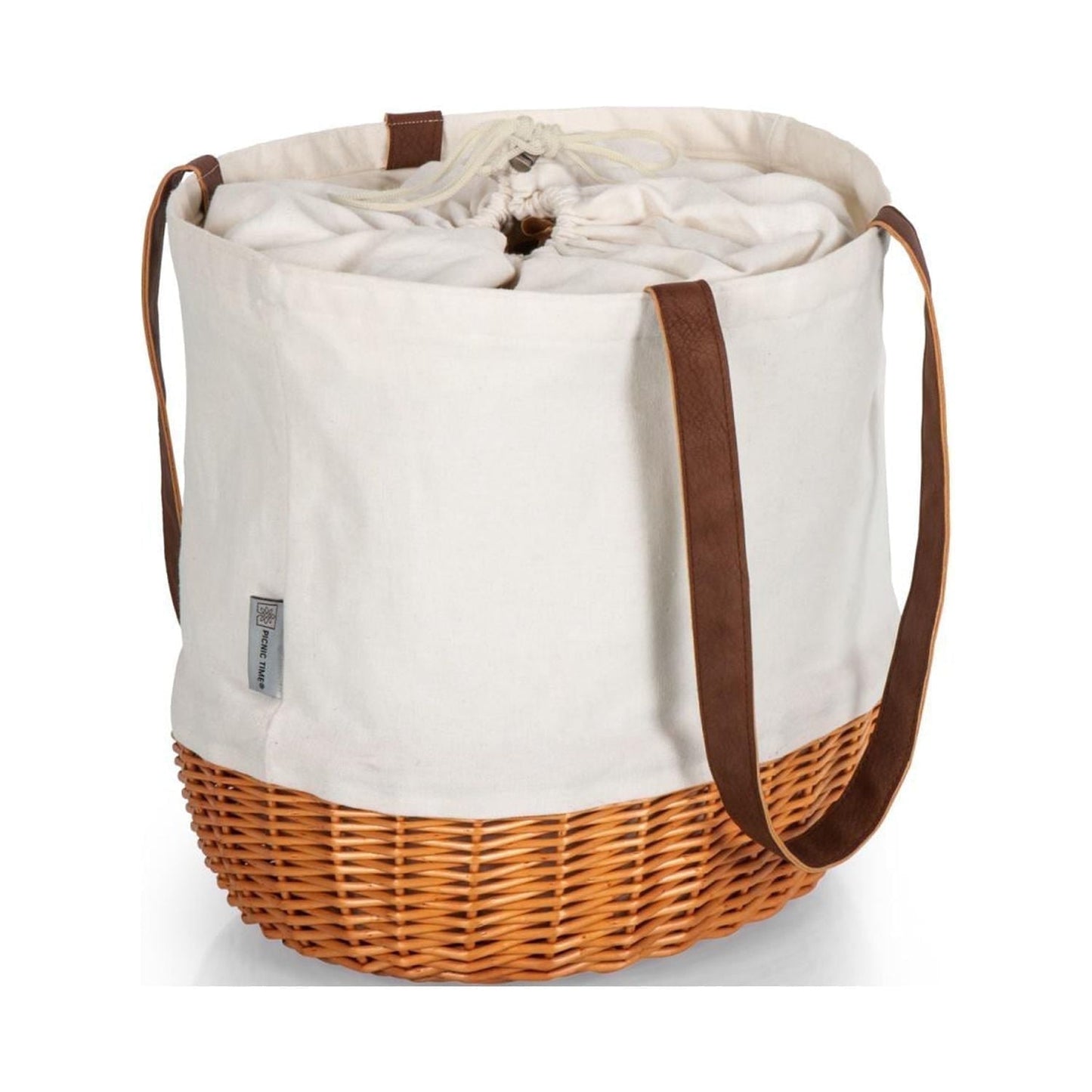 Picnic Time Coronado Canvas and Willow Basket Tote with Drawstring Closure and Wicker Base, Beige Canvas