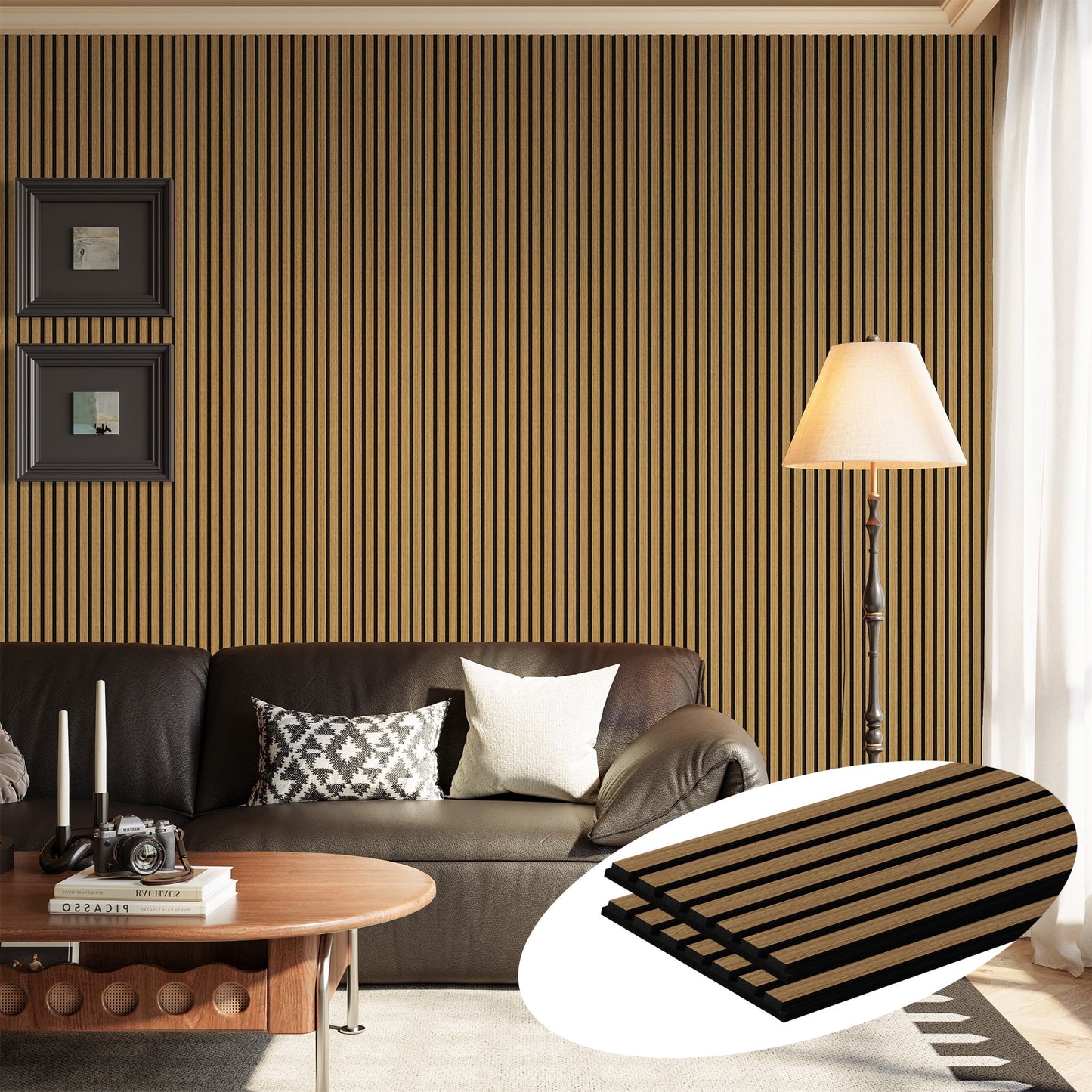 Plank & Hue 2Pcs 106"x12.6" Wood Slat Acoustic Wall Panels, 3D Fluted Soundproof Decorative Panels for Interior Walls, Classic Oak