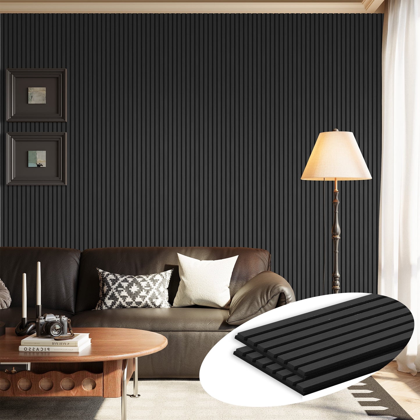 Plank & Hue 2Pcs 106"x12.6" Wood Slat Acoustic Wall Panels, 3D Fluted Soundproof Decorative Panels for Interior Walls, Dark Gray