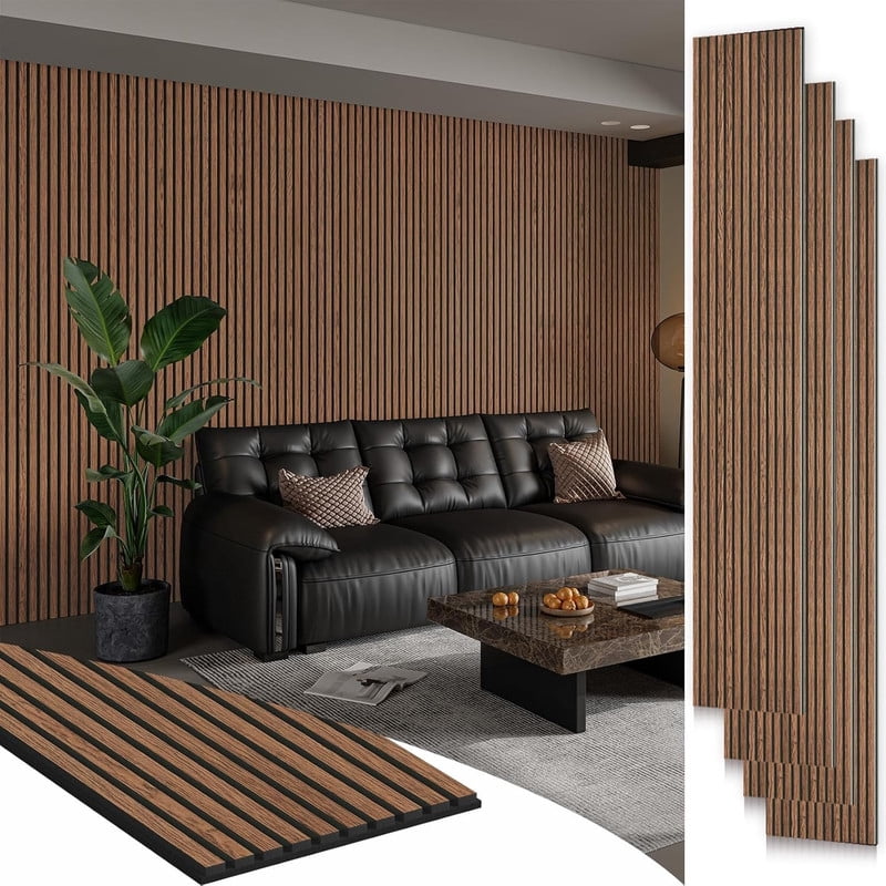 Plank & Hue 4Pcs 94.5"x12.6" Wood Soundproof Wall Panels Wood Slat Acoustic Panels, Classic Brown