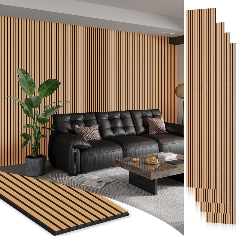 Plank & Hue 4Pcs 106"x12.6" Soundproof Wood Slat Panels Acoustic Wall and Ceiling Panels, Dark Gray